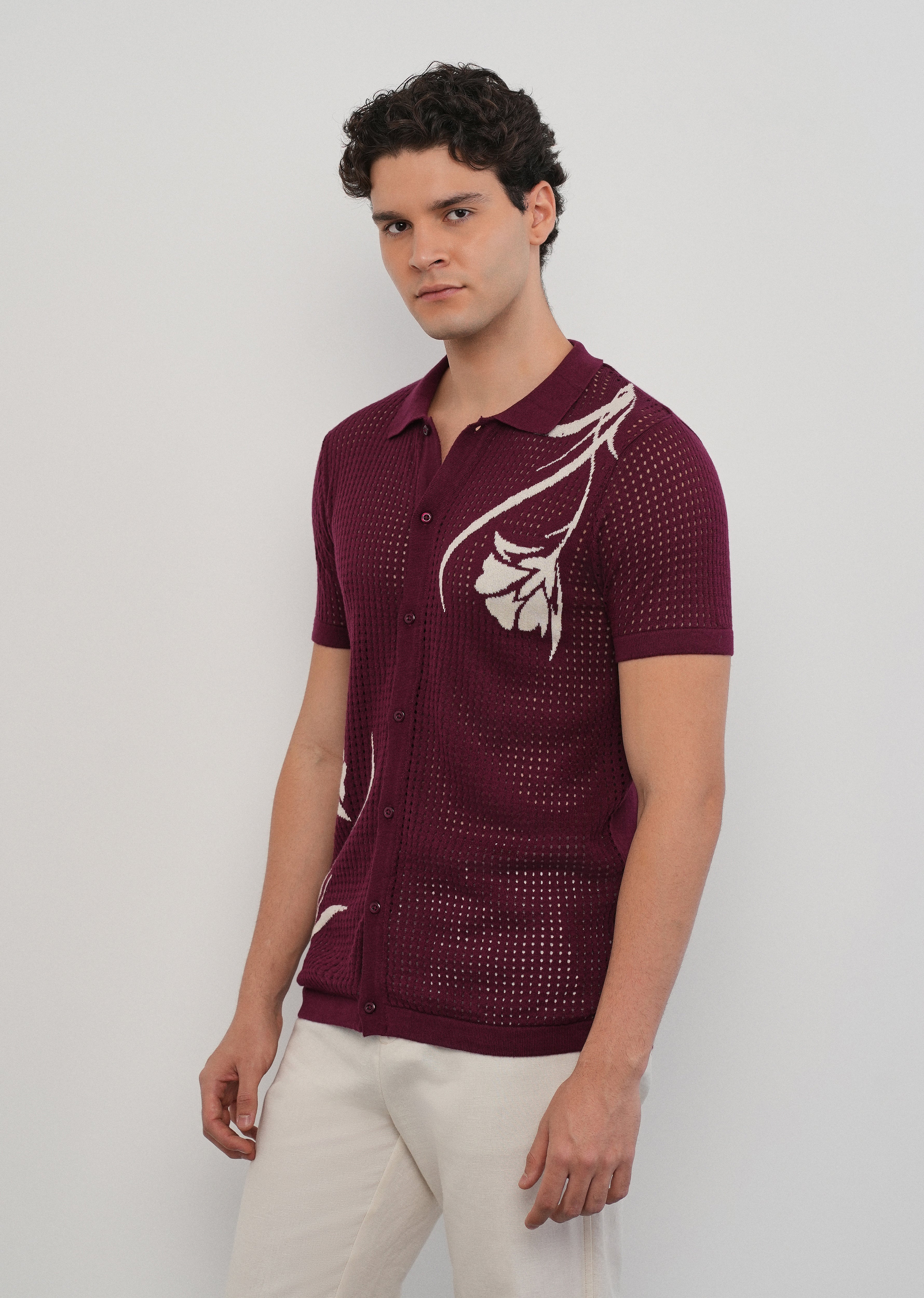 Burgundy Floral Open Knit Shirt