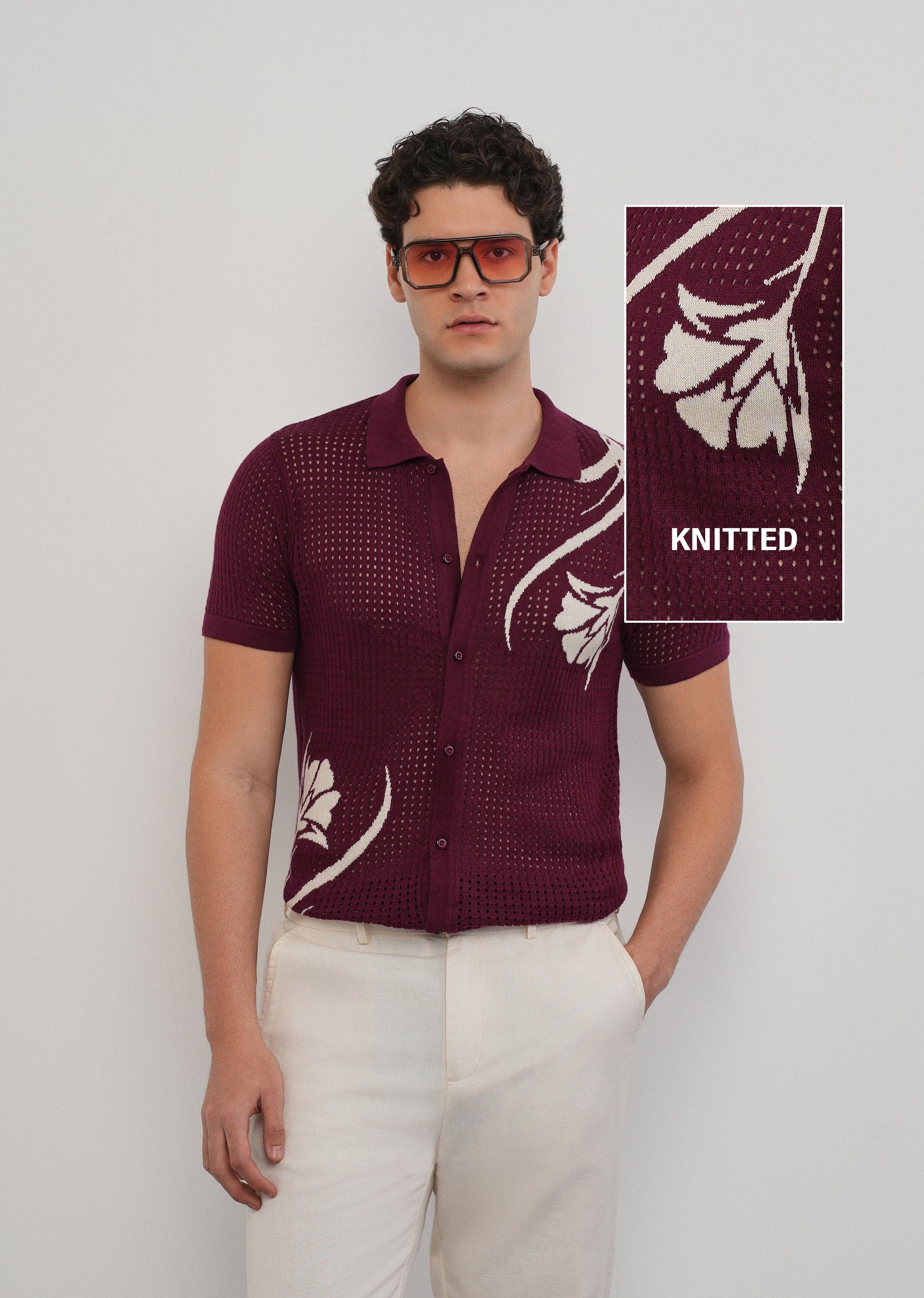 Burgundy Floral Open Knit Shirt