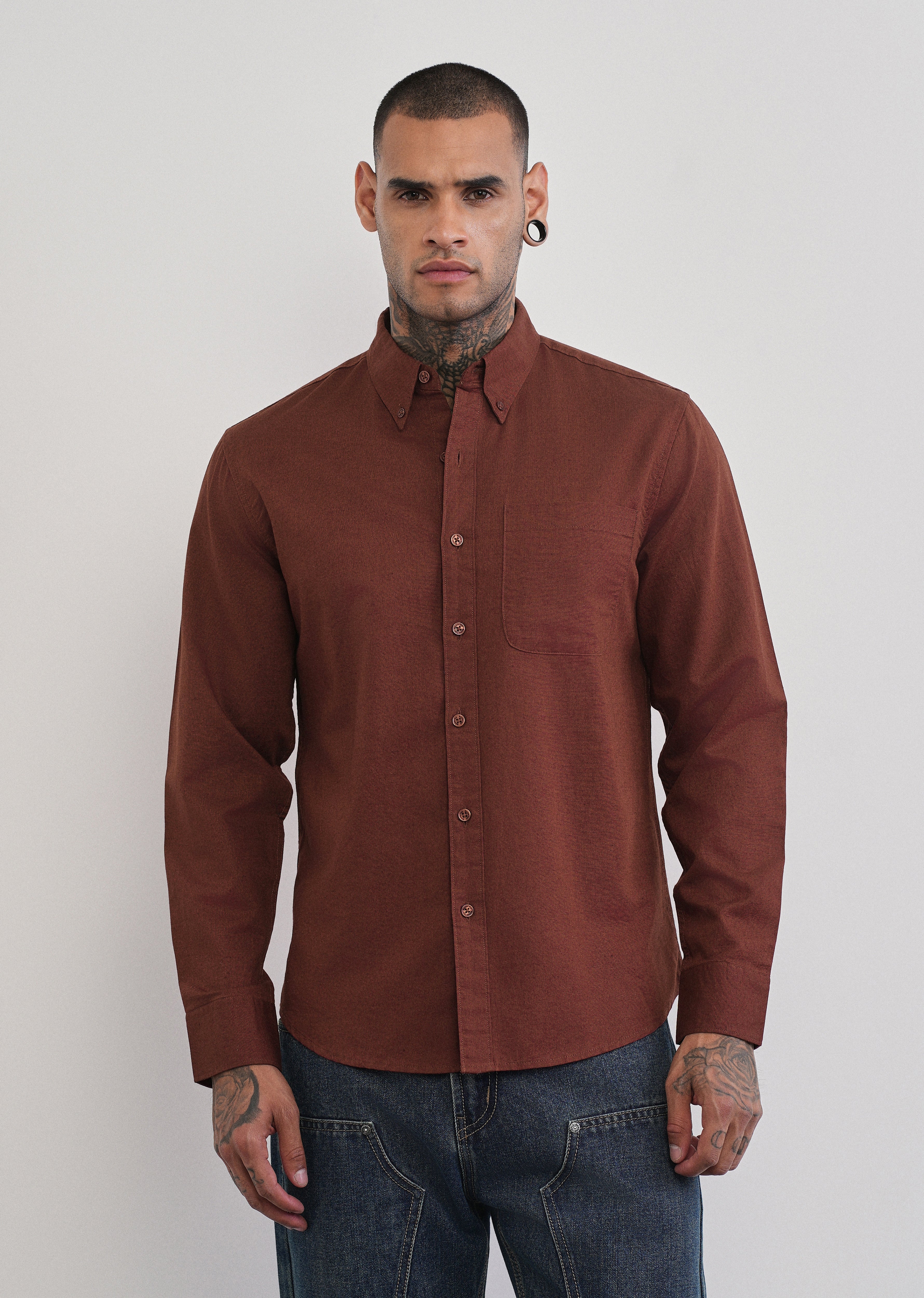 Burnt Maroon Cotton Linen Plain Shirt