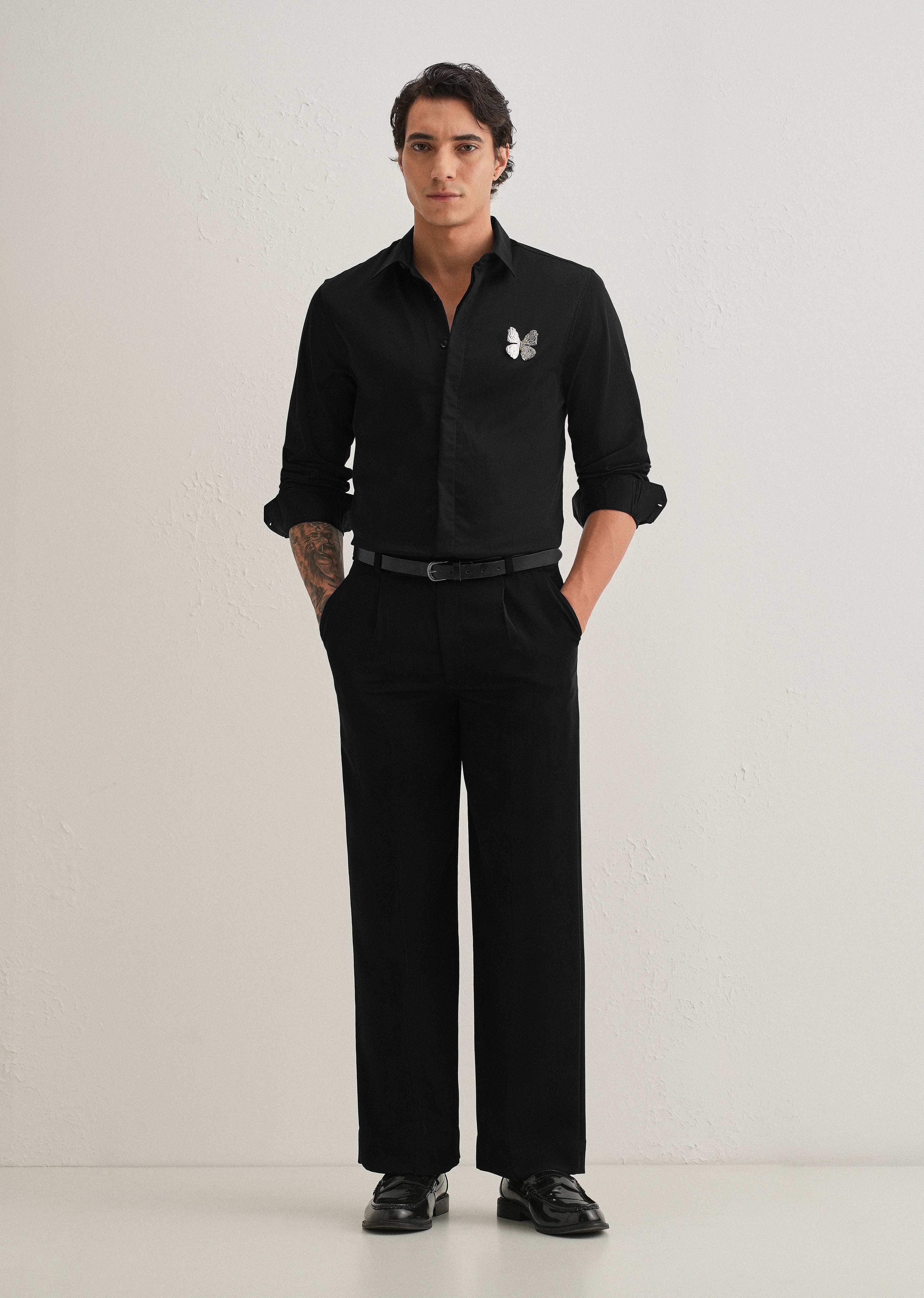 Butterfly Brooch Black Designer Shirt