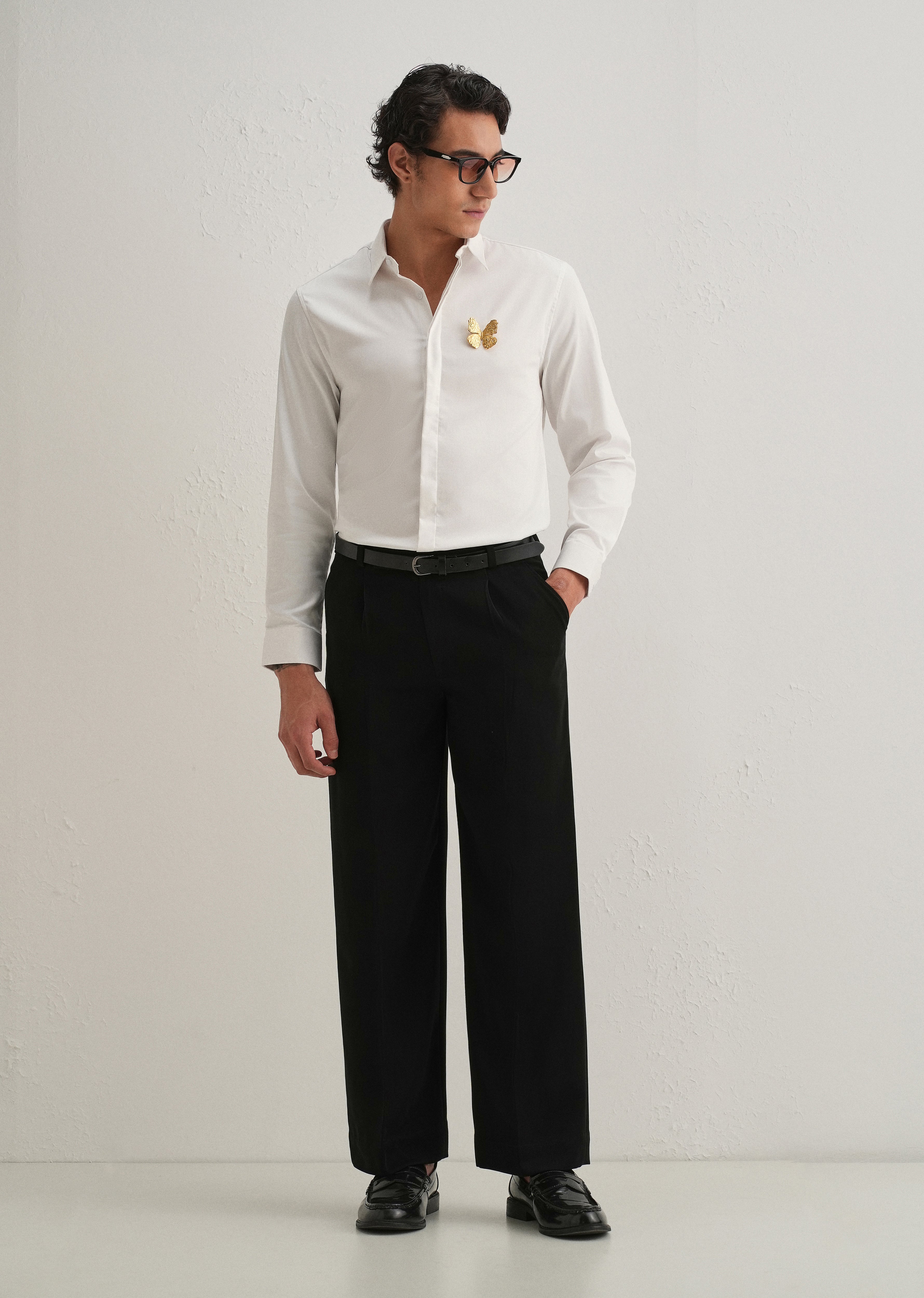 Butterfly Brooch White Designer Shirt