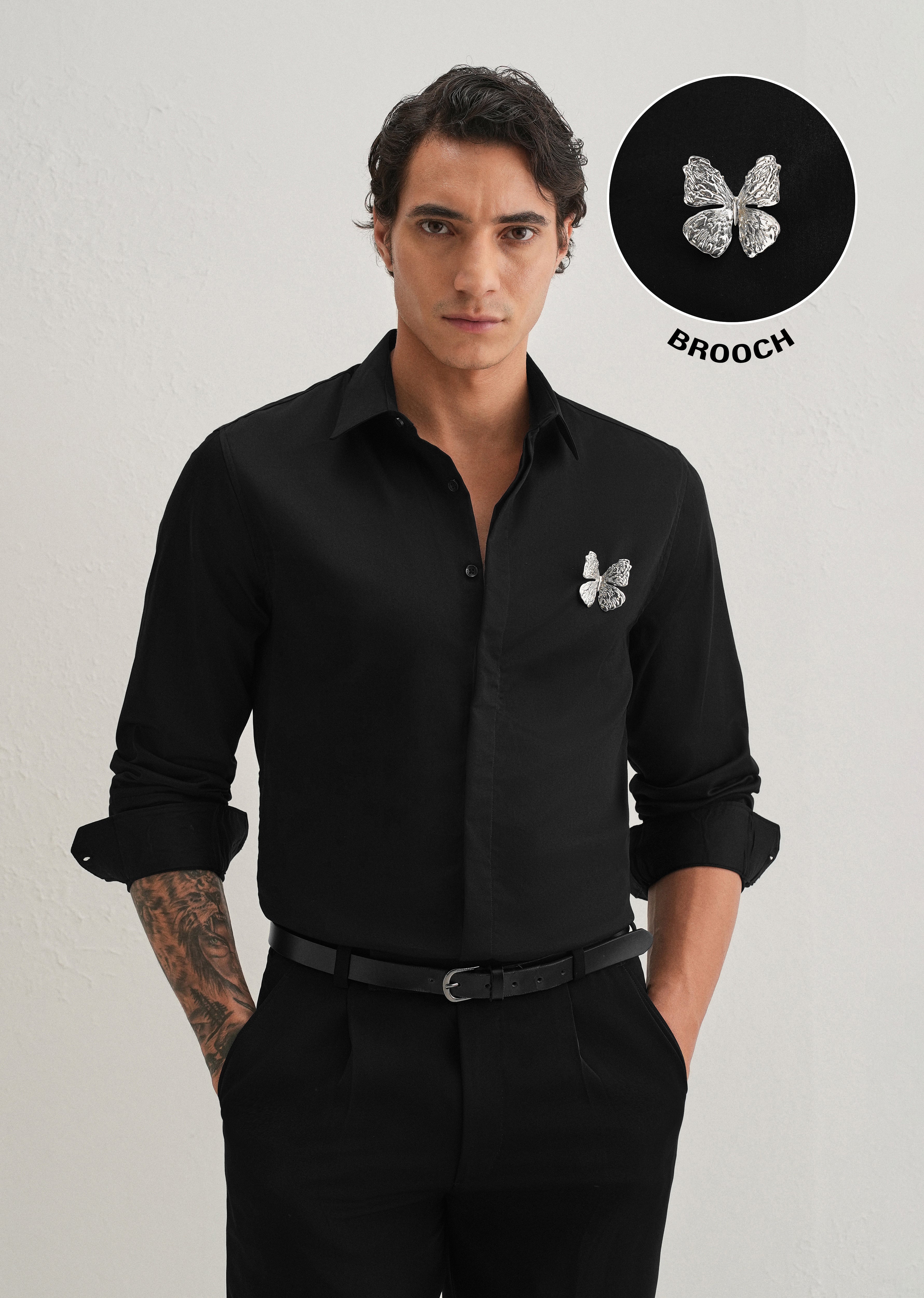 Butterfly Brooch Black Designer Shirt
