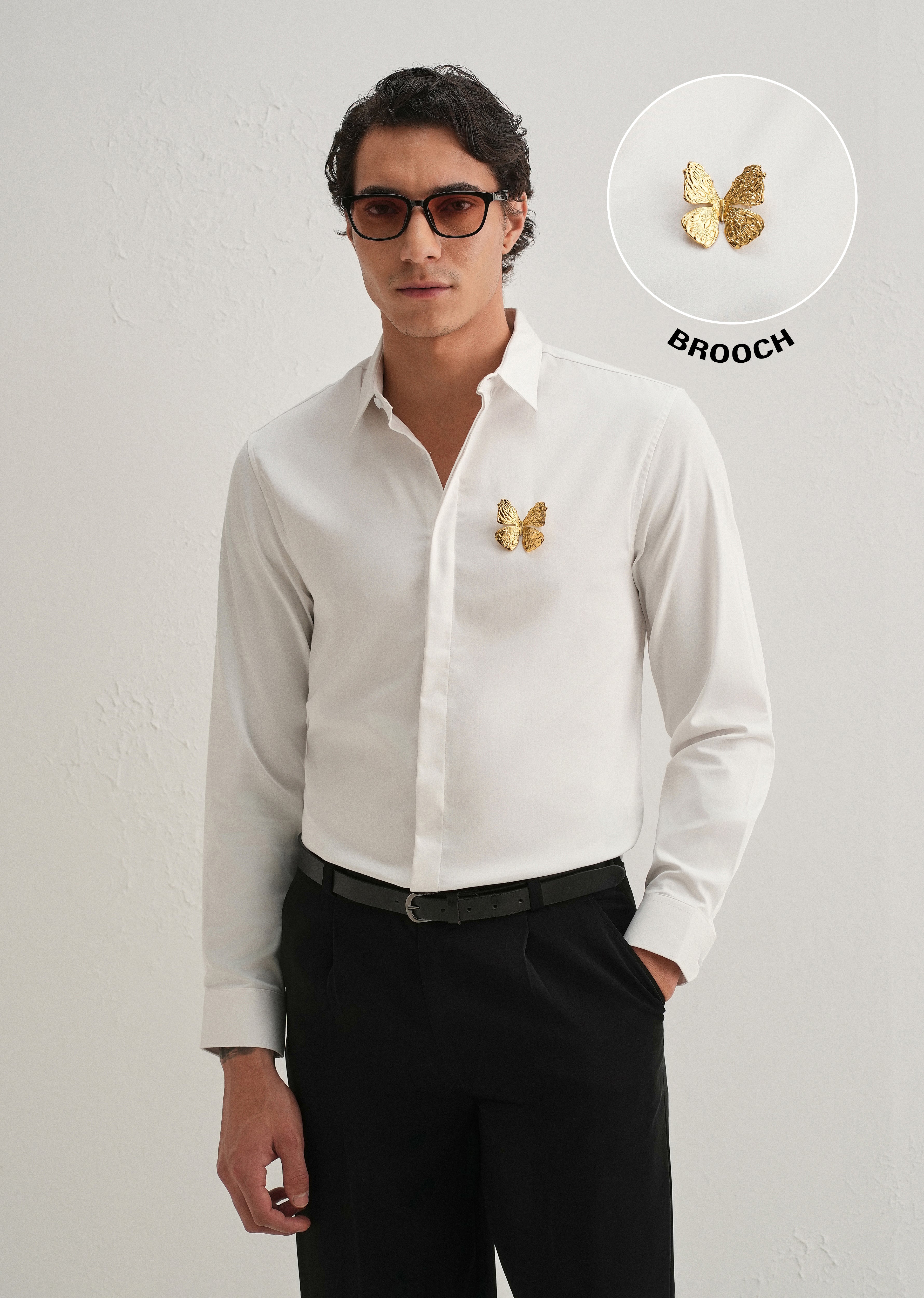 Butterfly Brooch White Designer Shirt