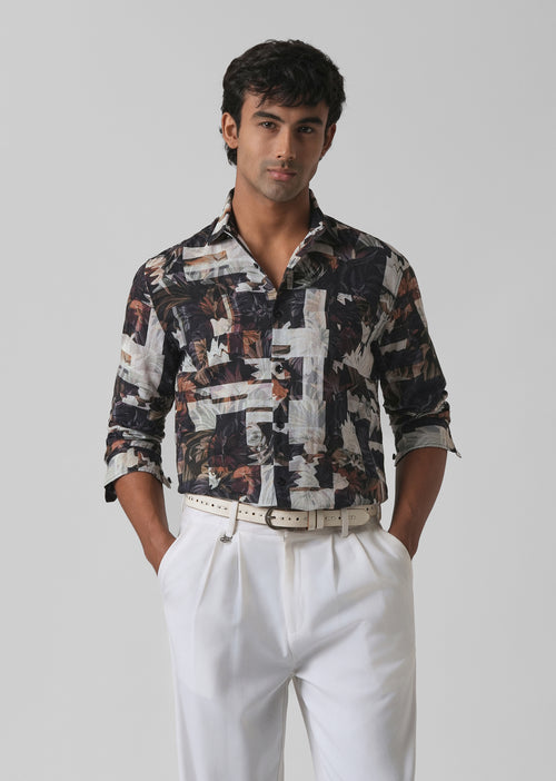 Charcoal Black Printed Cotton Linen Shirt