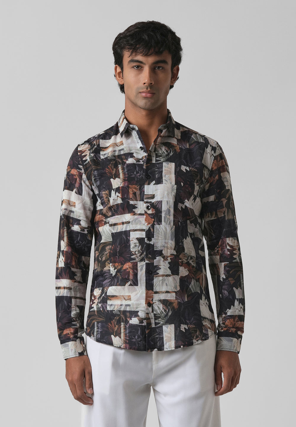 Charcoal Black Printed Cotton Linen Shirt