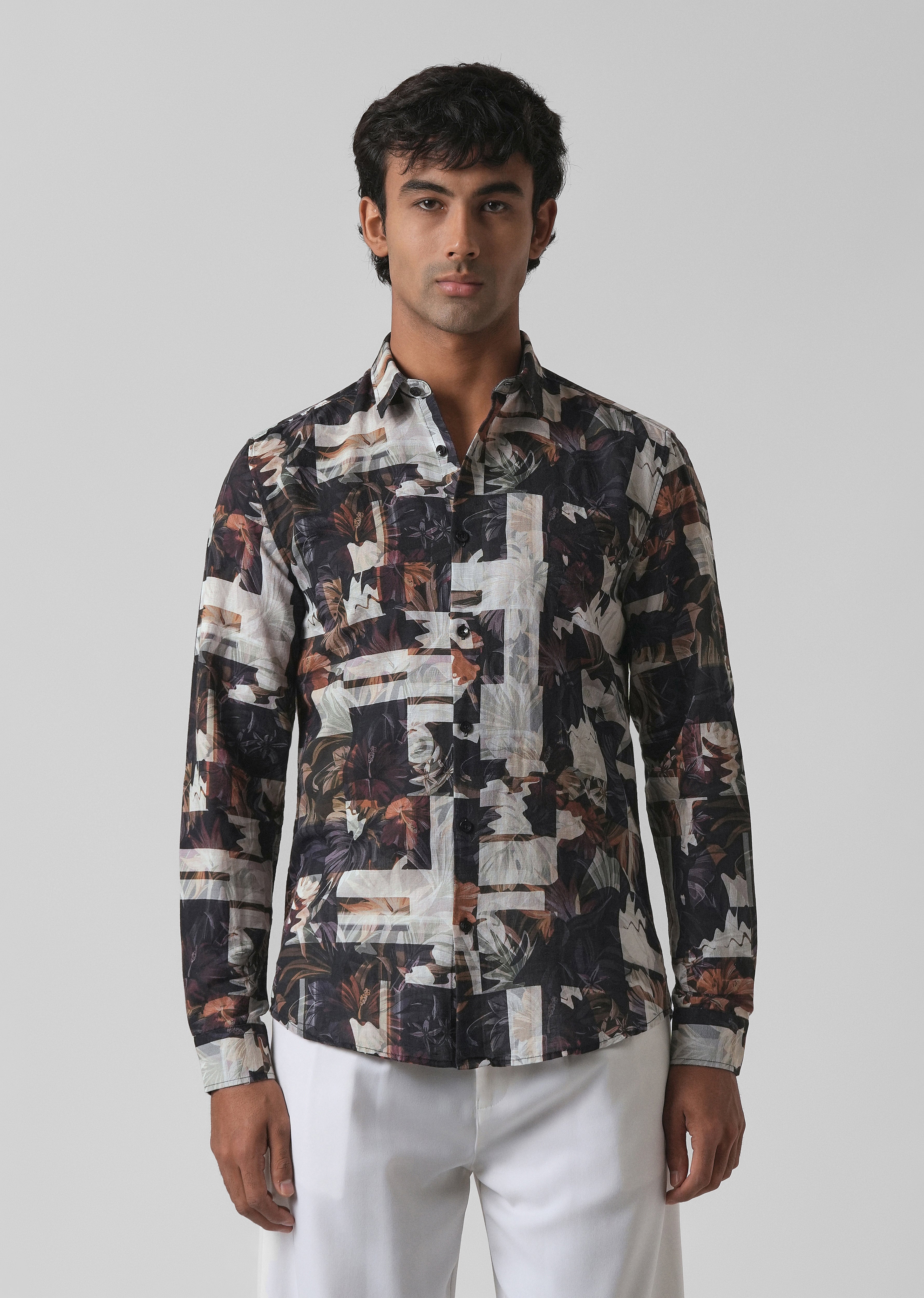 Charcoal Black Printed Cotton Linen Shirt