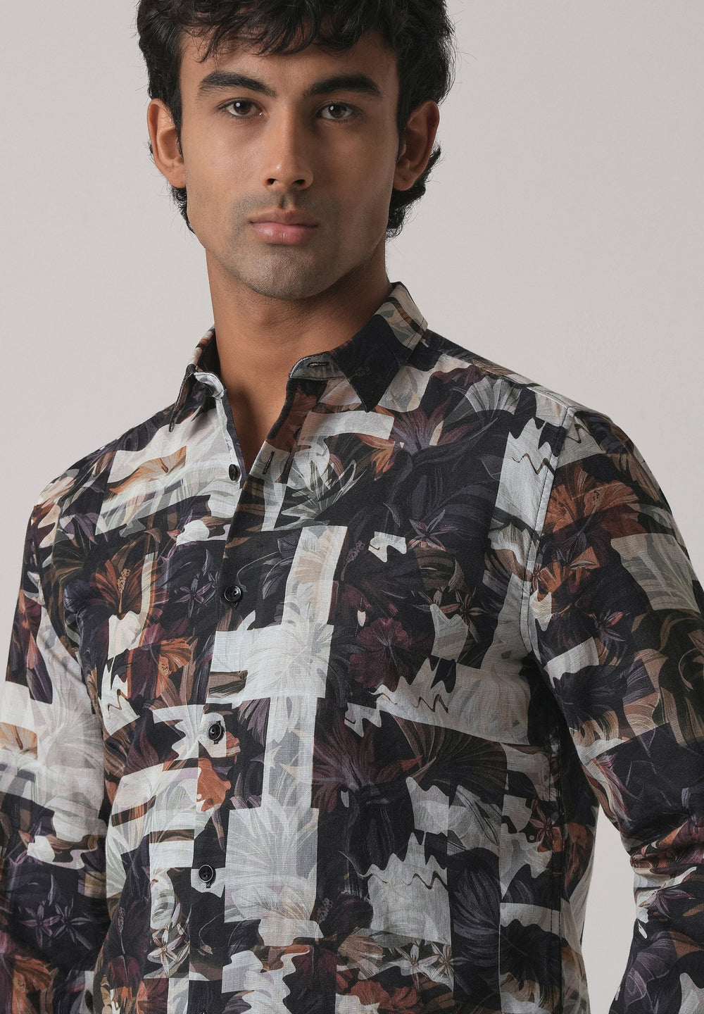 Charcoal Black Printed Cotton Linen Shirt