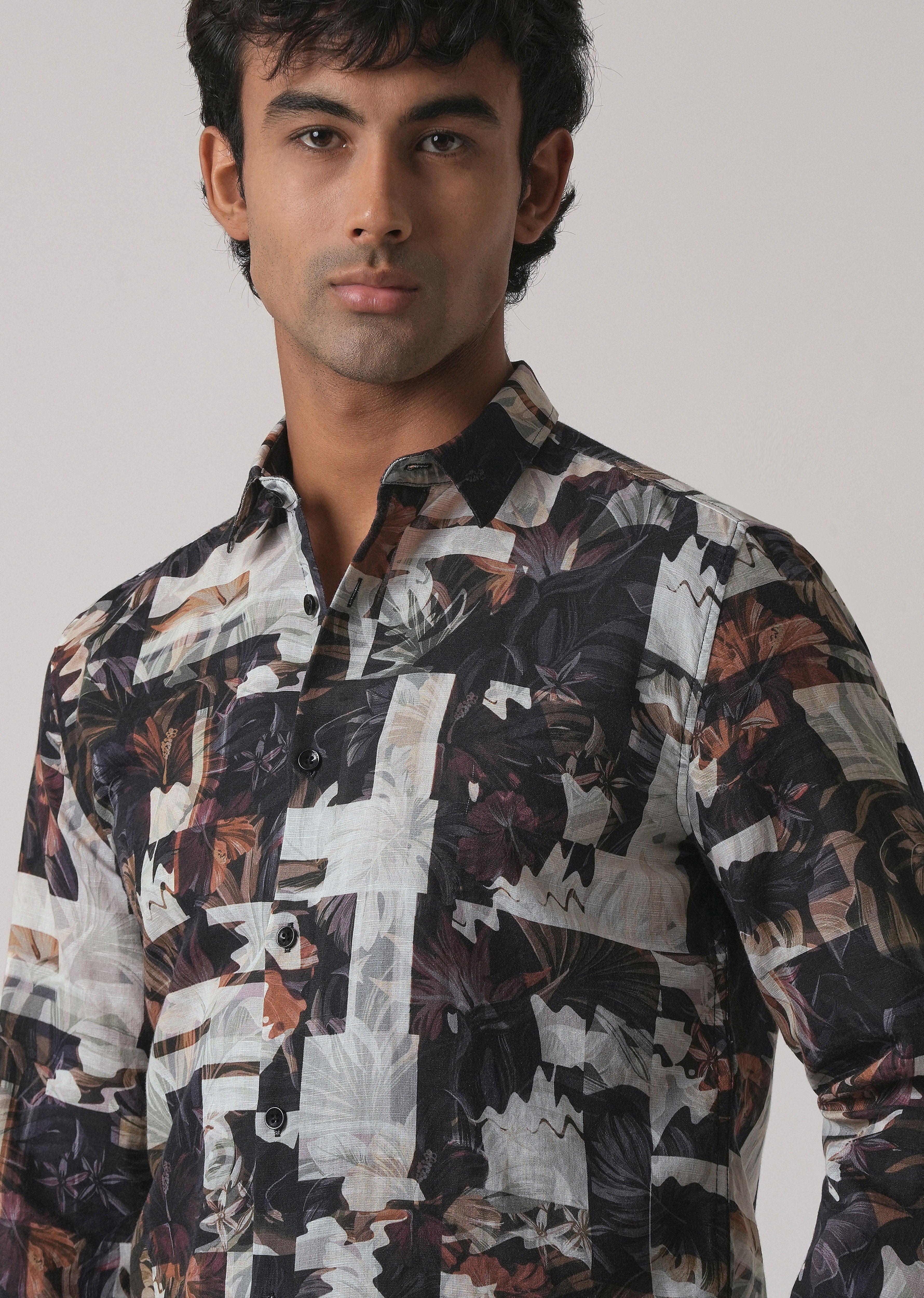 Charcoal Black Printed Cotton Linen Shirt