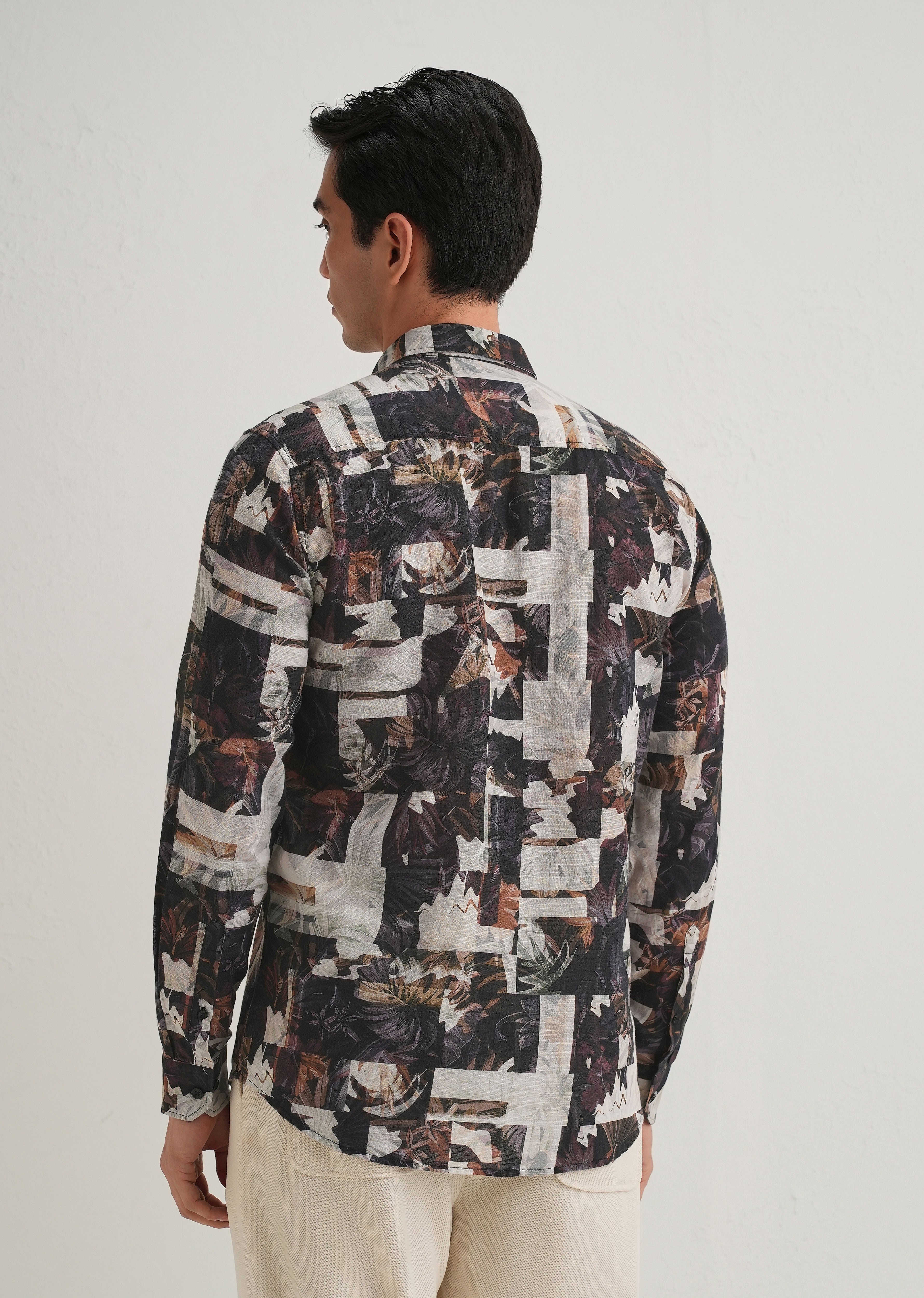 Charcoal Black Printed Cotton Linen Shirt