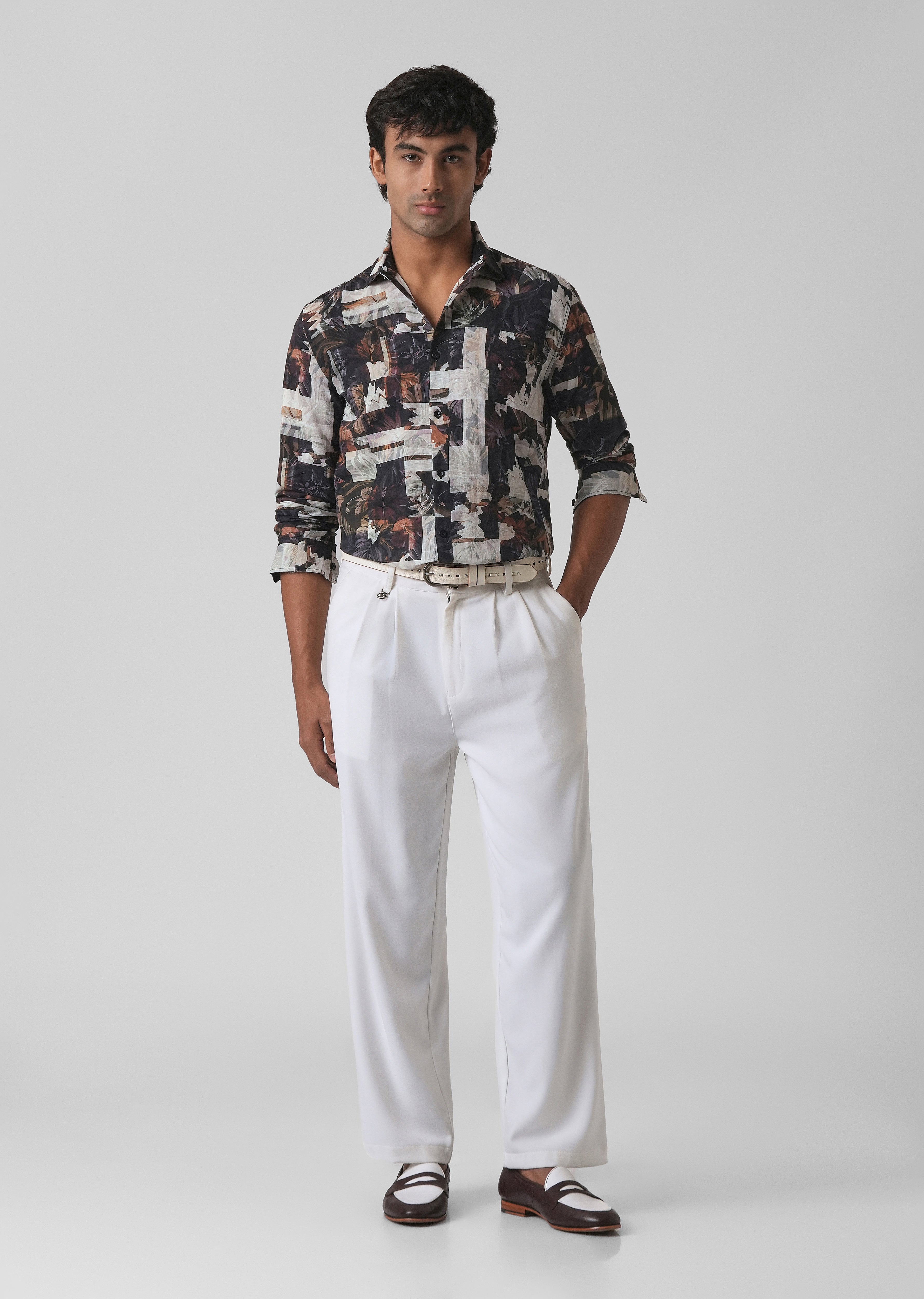 Charcoal Black Printed Cotton Linen Shirt