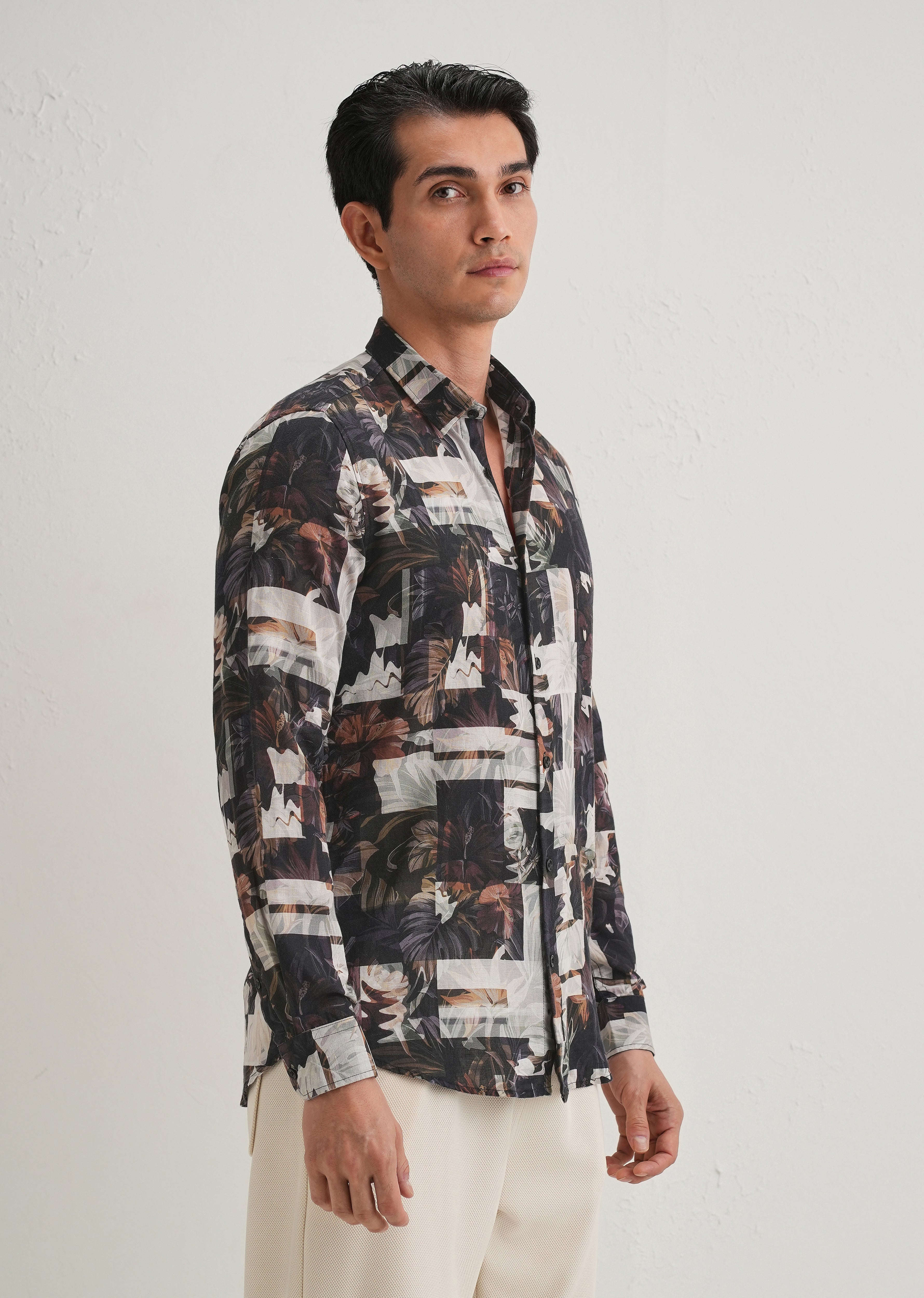 Charcoal Black Printed Cotton Linen Shirt