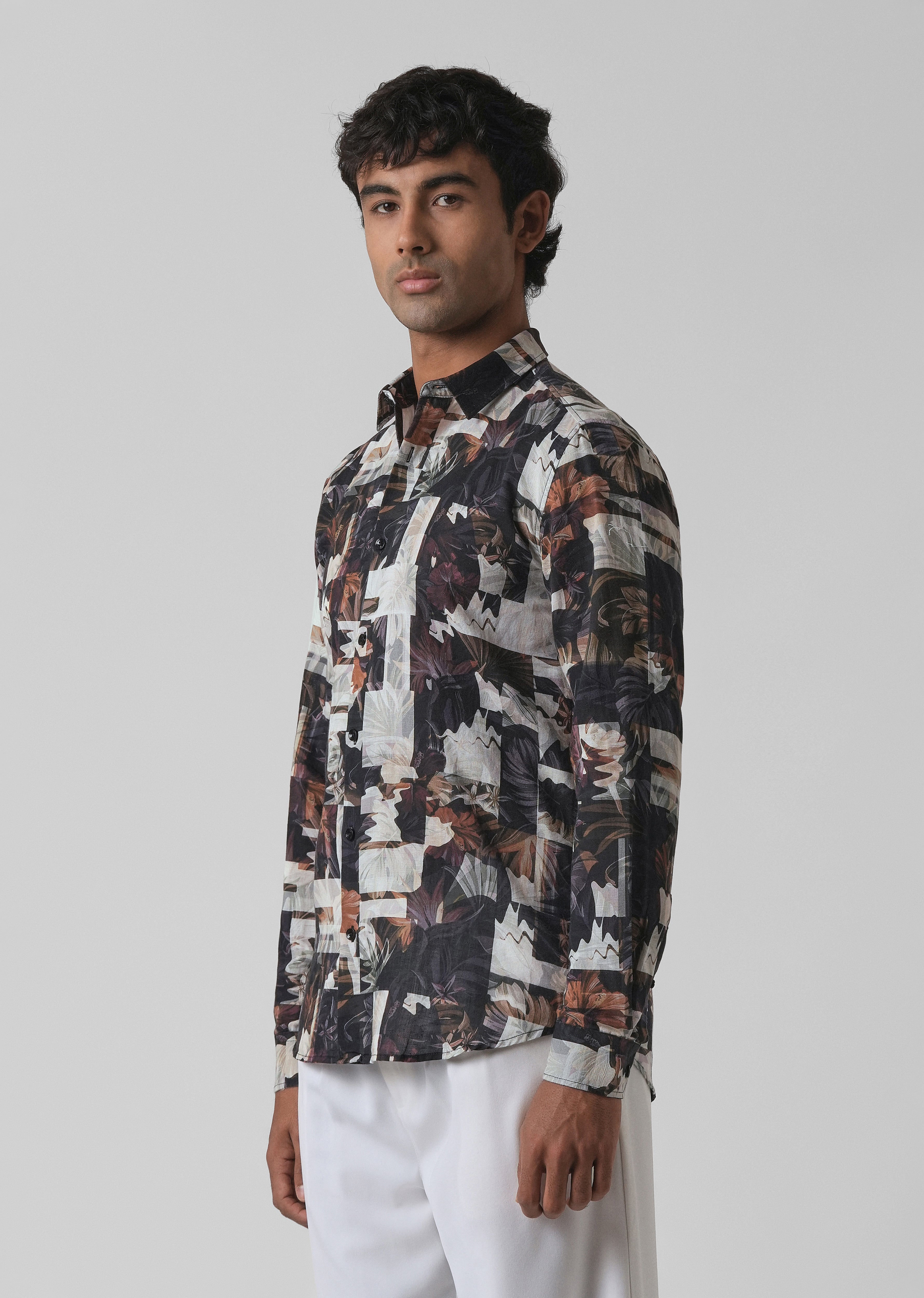 Charcoal Black Printed Cotton Linen Shirt