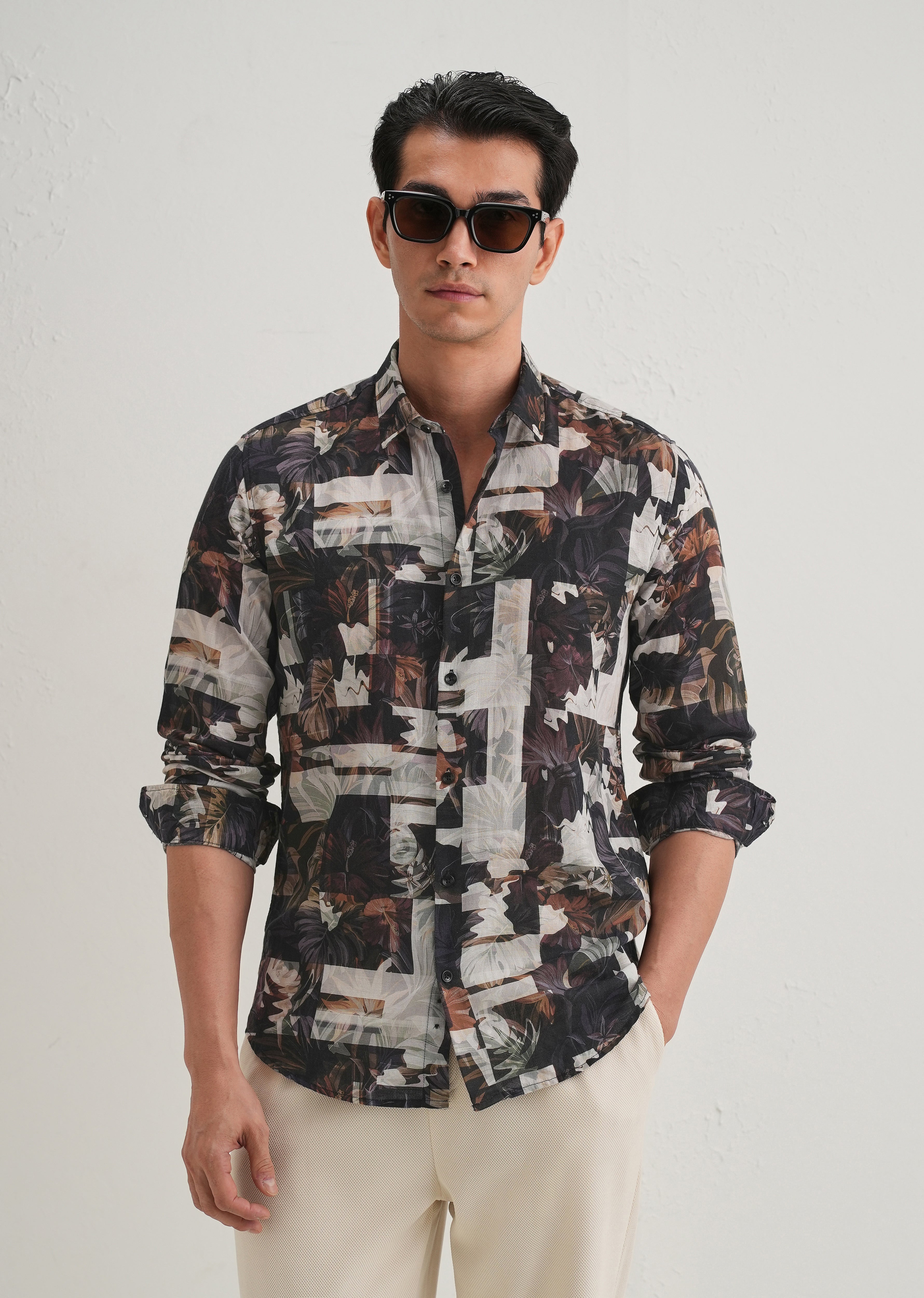 Charcoal Black Printed Cotton Linen Shirt