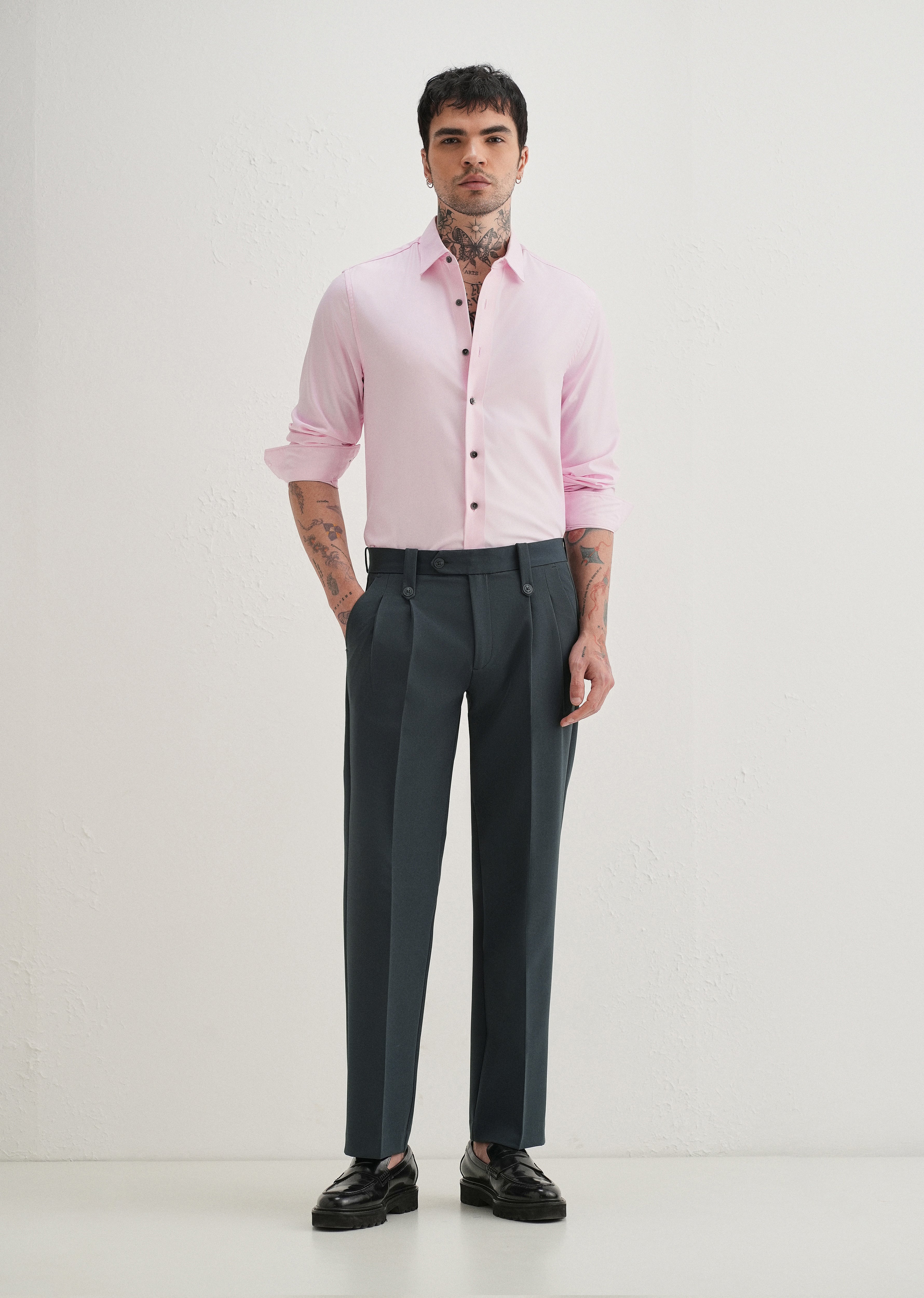 Charcoal Grey Button-Tab Pleat Trouser