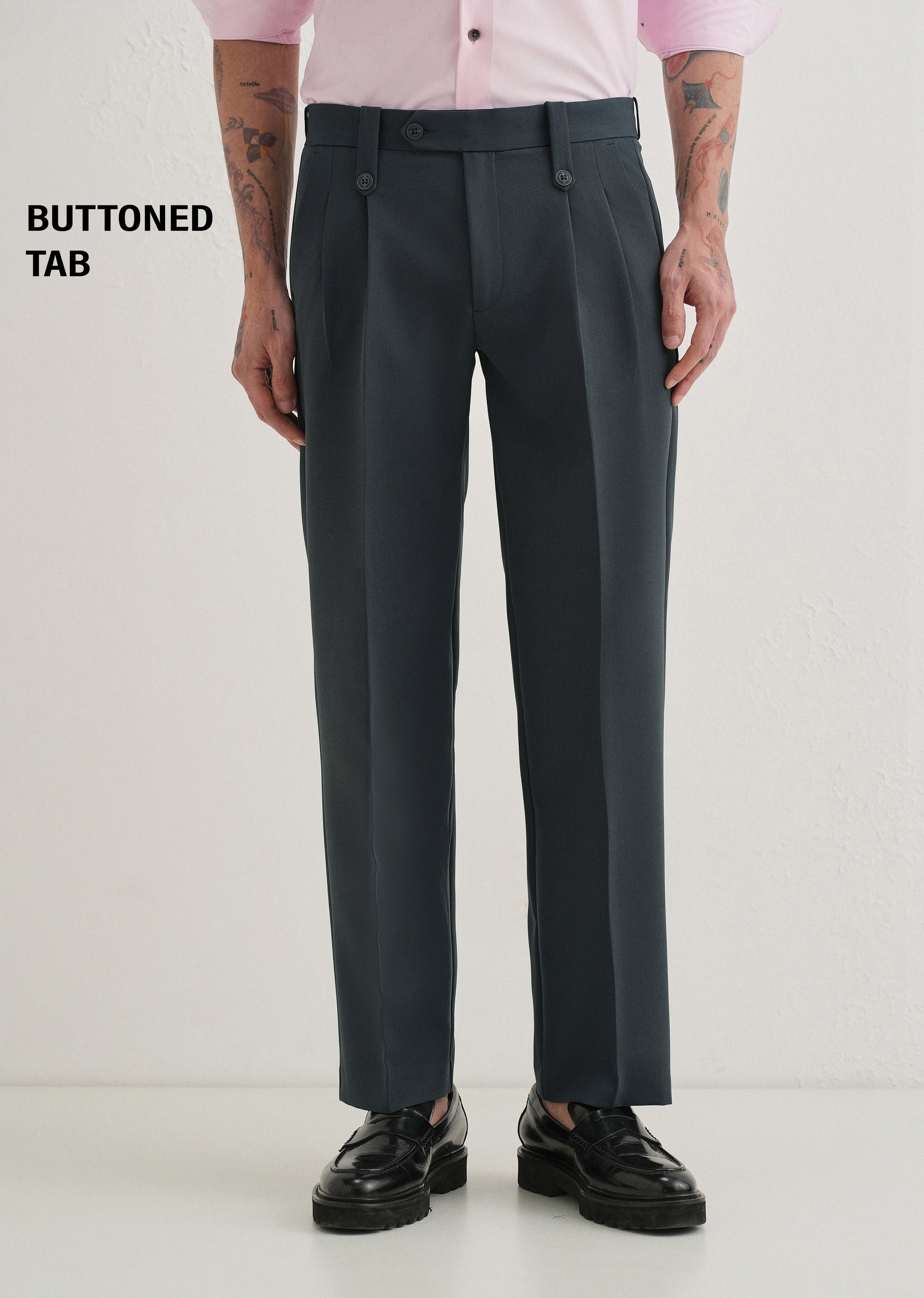 Charcoal Grey Button-Tab Pleat Trouser