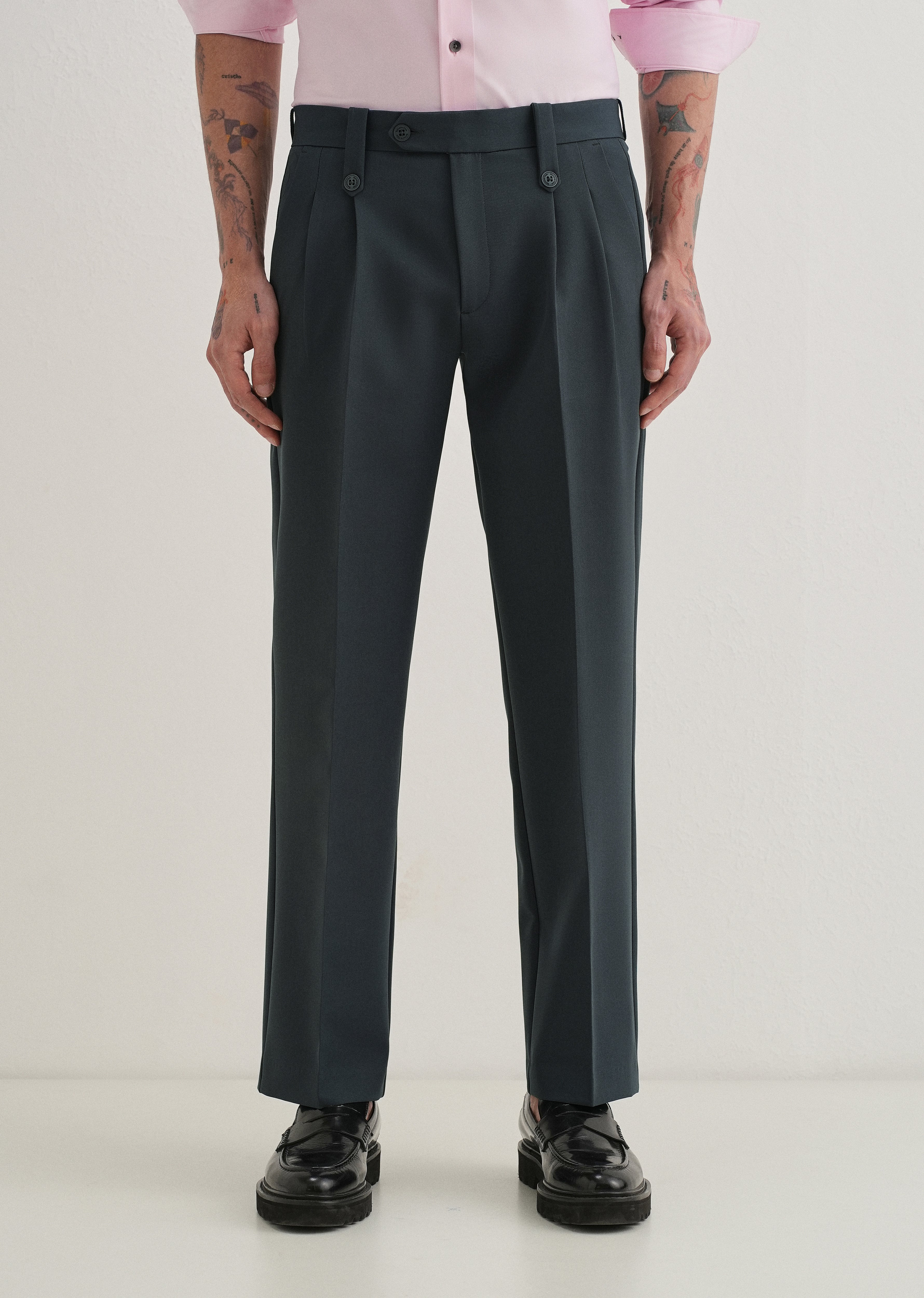 Charcoal Grey Button-Tab Pleat Trouser