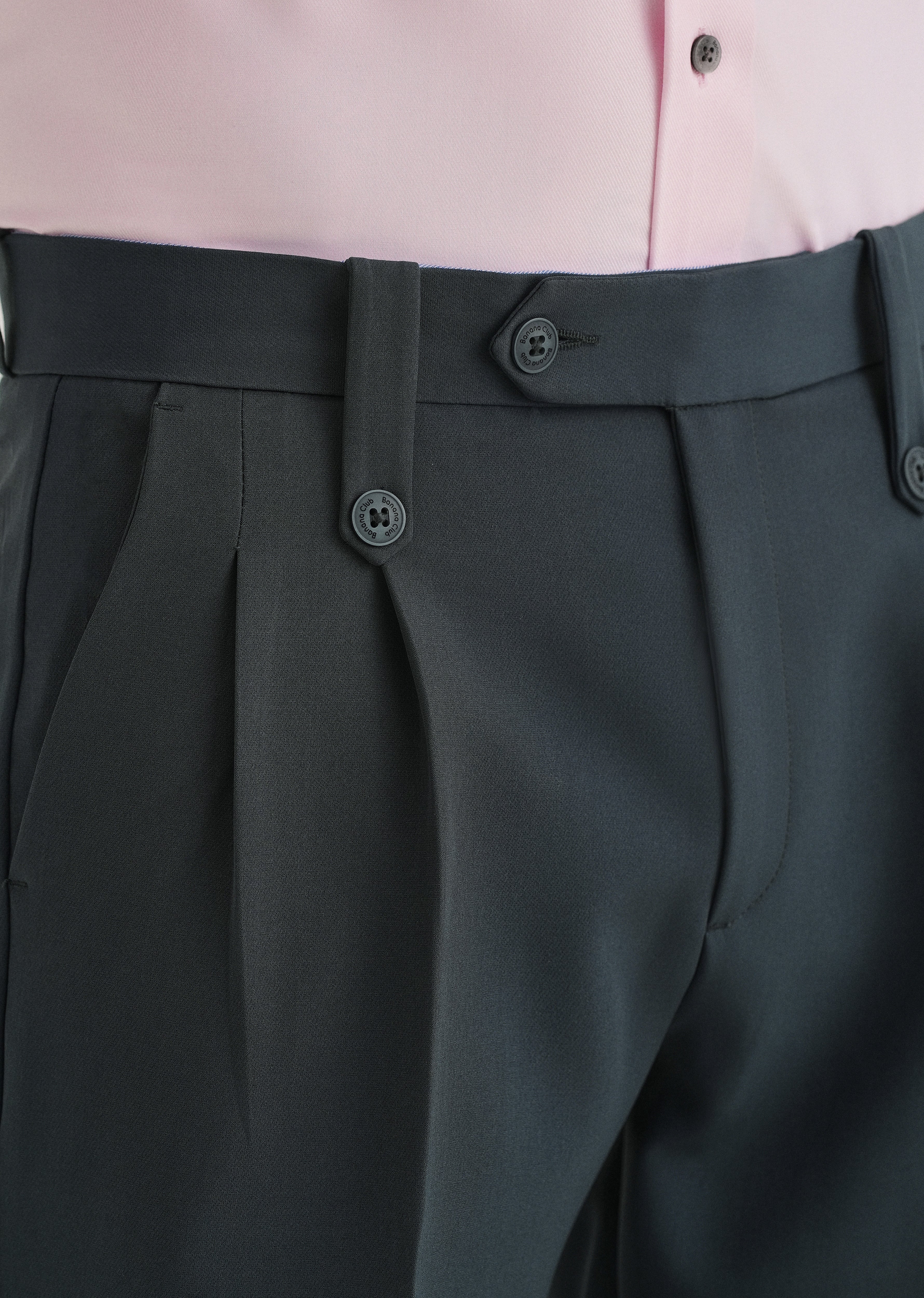 Charcoal Grey Button-Tab Pleat Trouser
