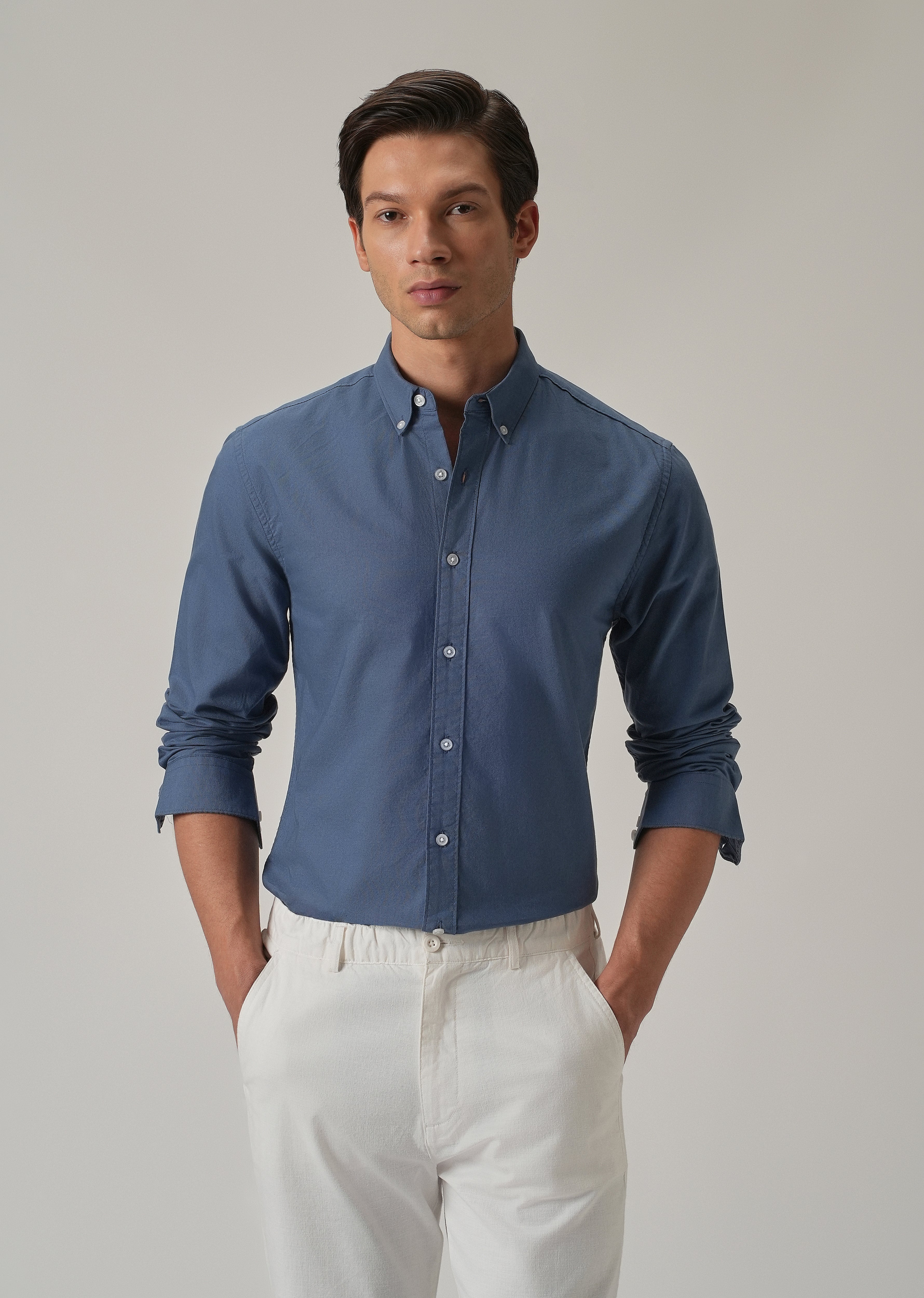 Cobalt Blue Plain Elbow Patch Oxford Shirt