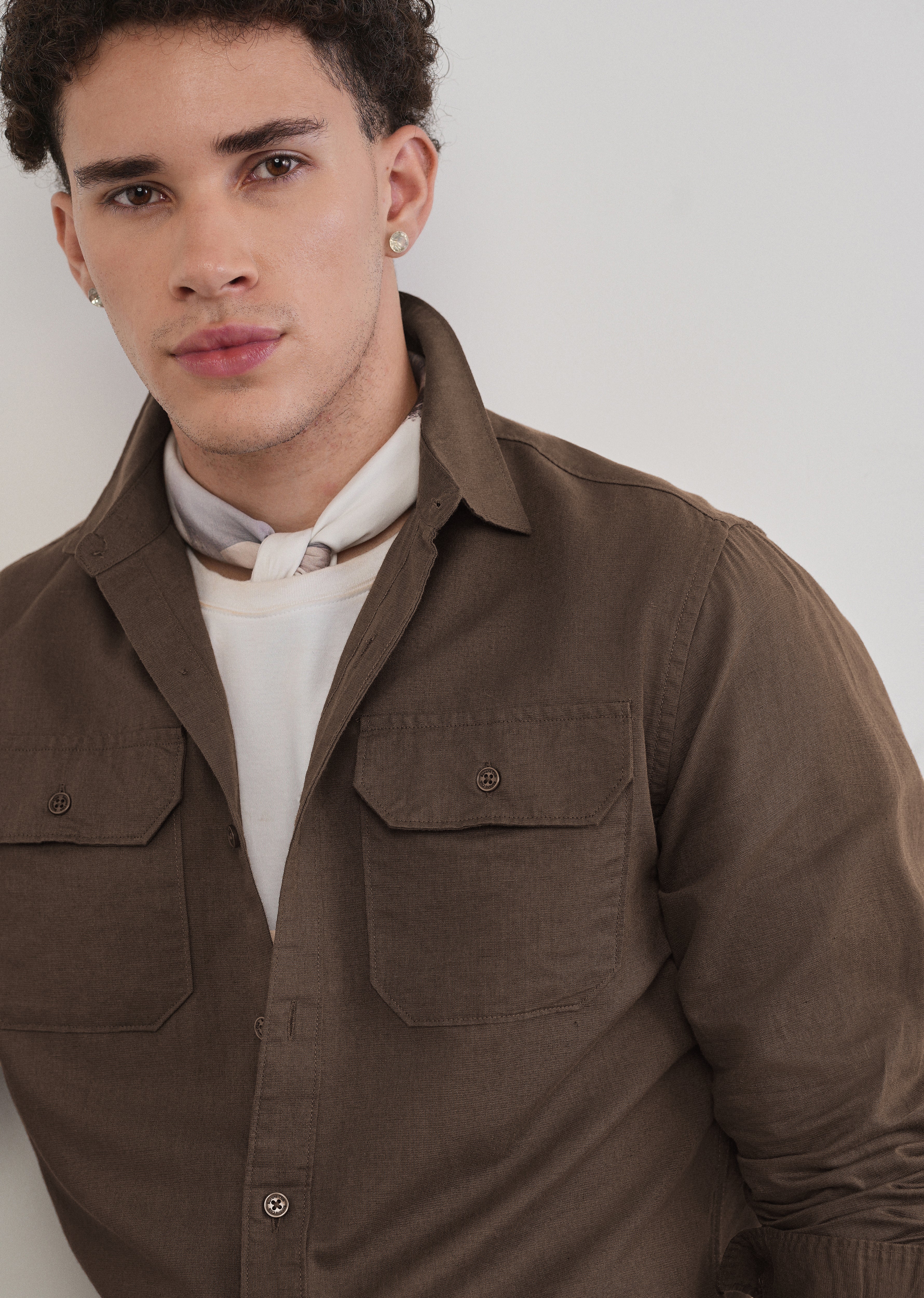 Coffee Brown Cotton Linen Flap Pocket Shirt
