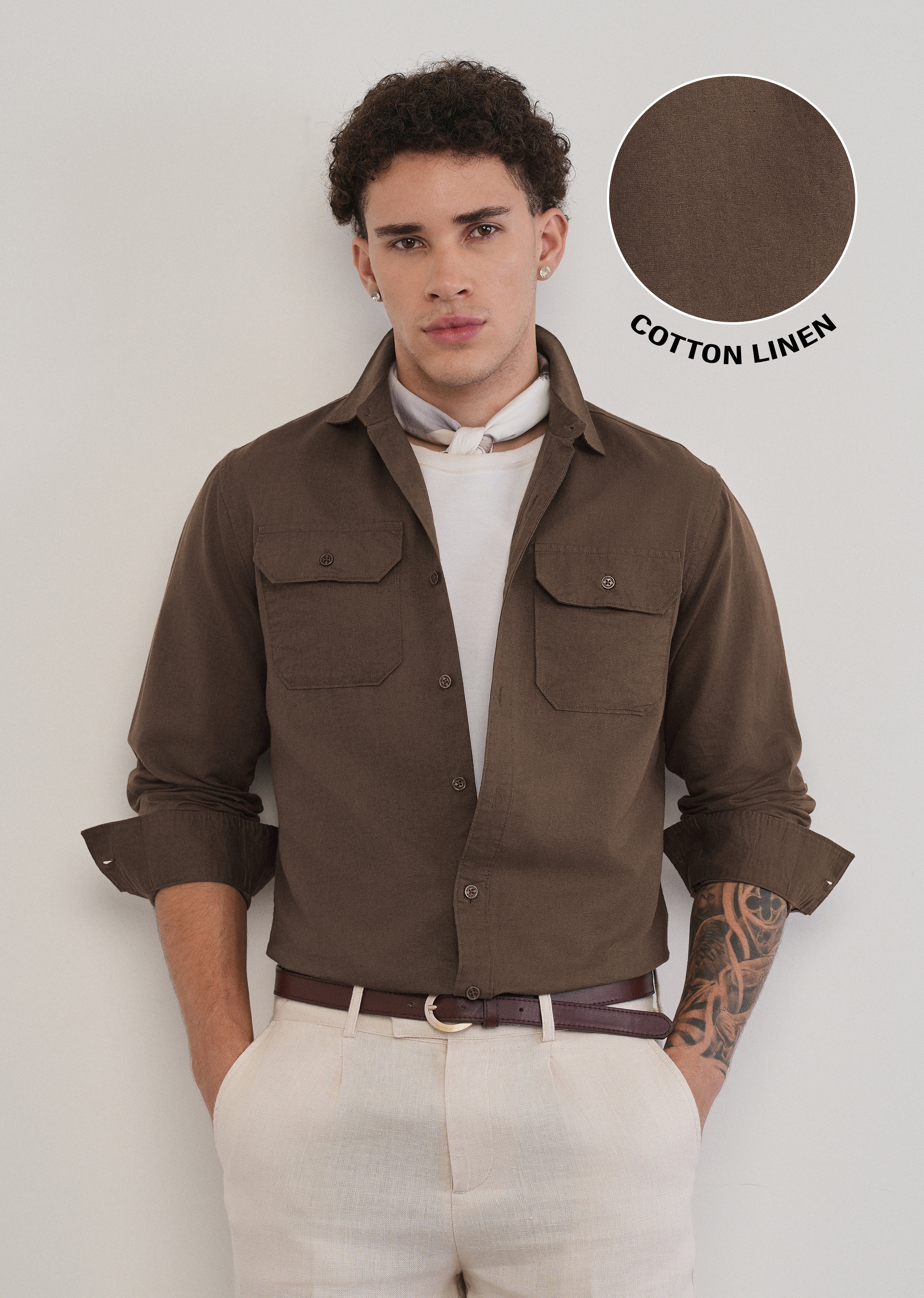 Coffee Brown Cotton Linen Flap Pocket Shirt