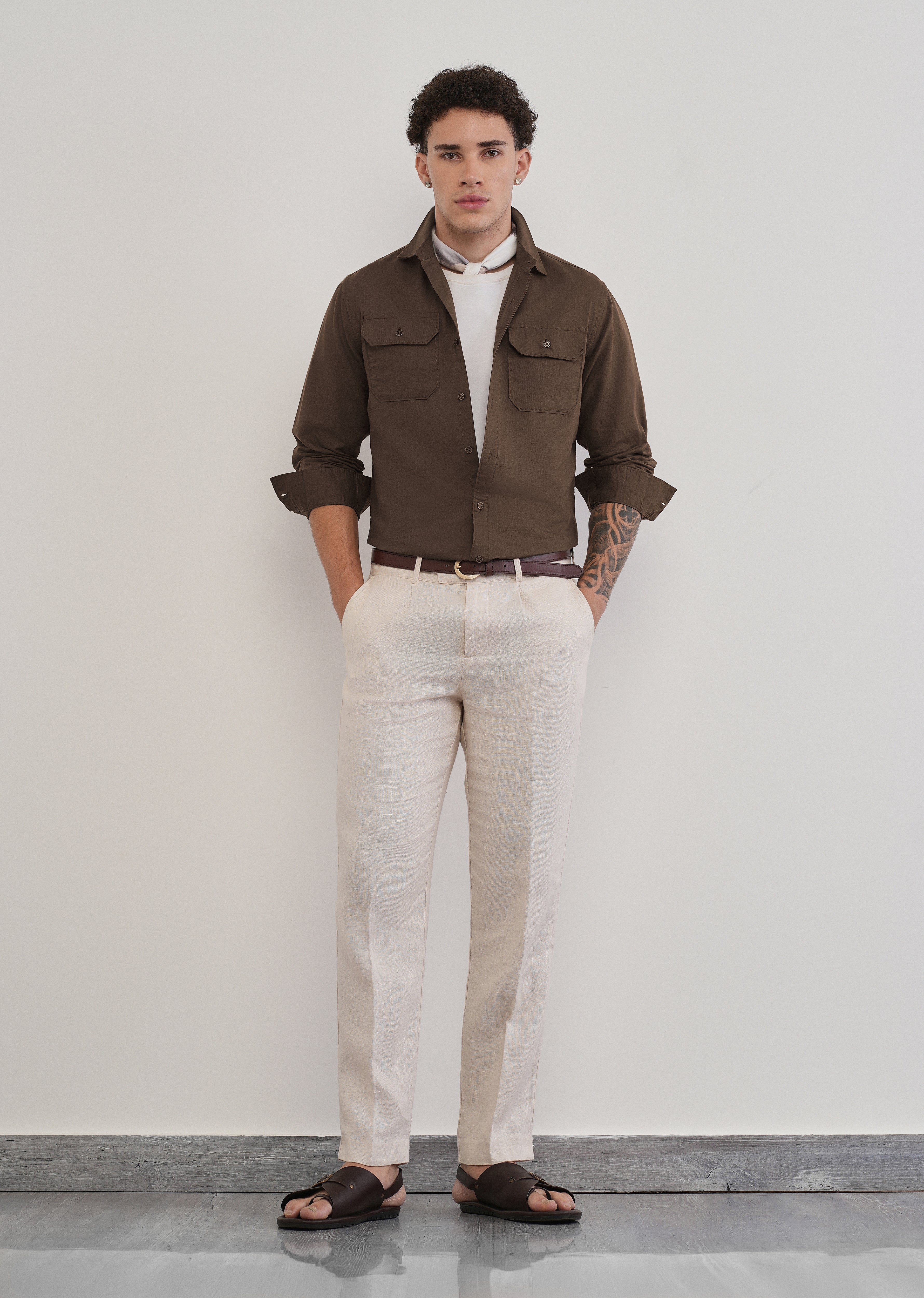 Coffee Brown Cotton Linen Flap Pocket Shirt