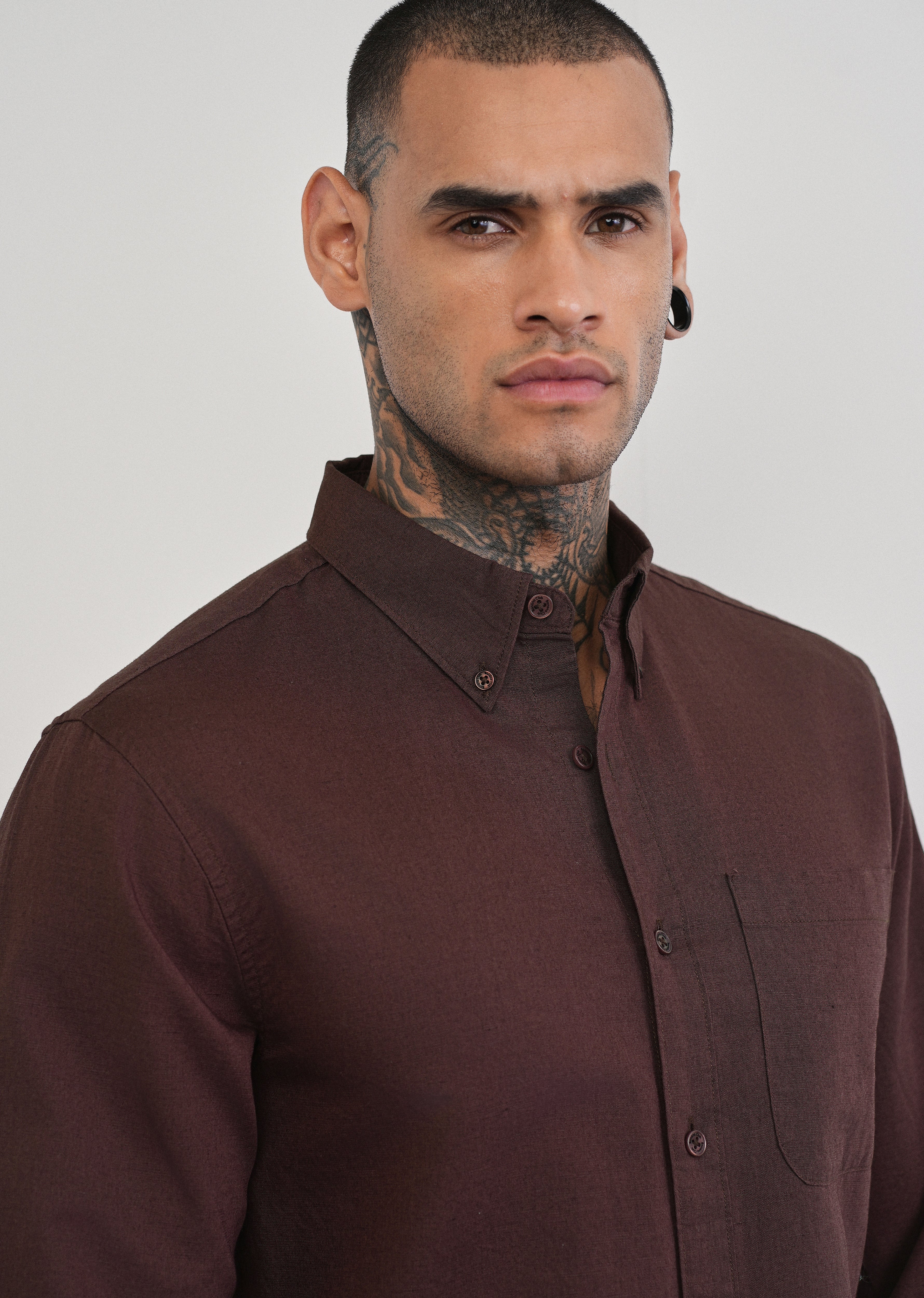 Coffee Brown Cotton Linen Plain Shirt