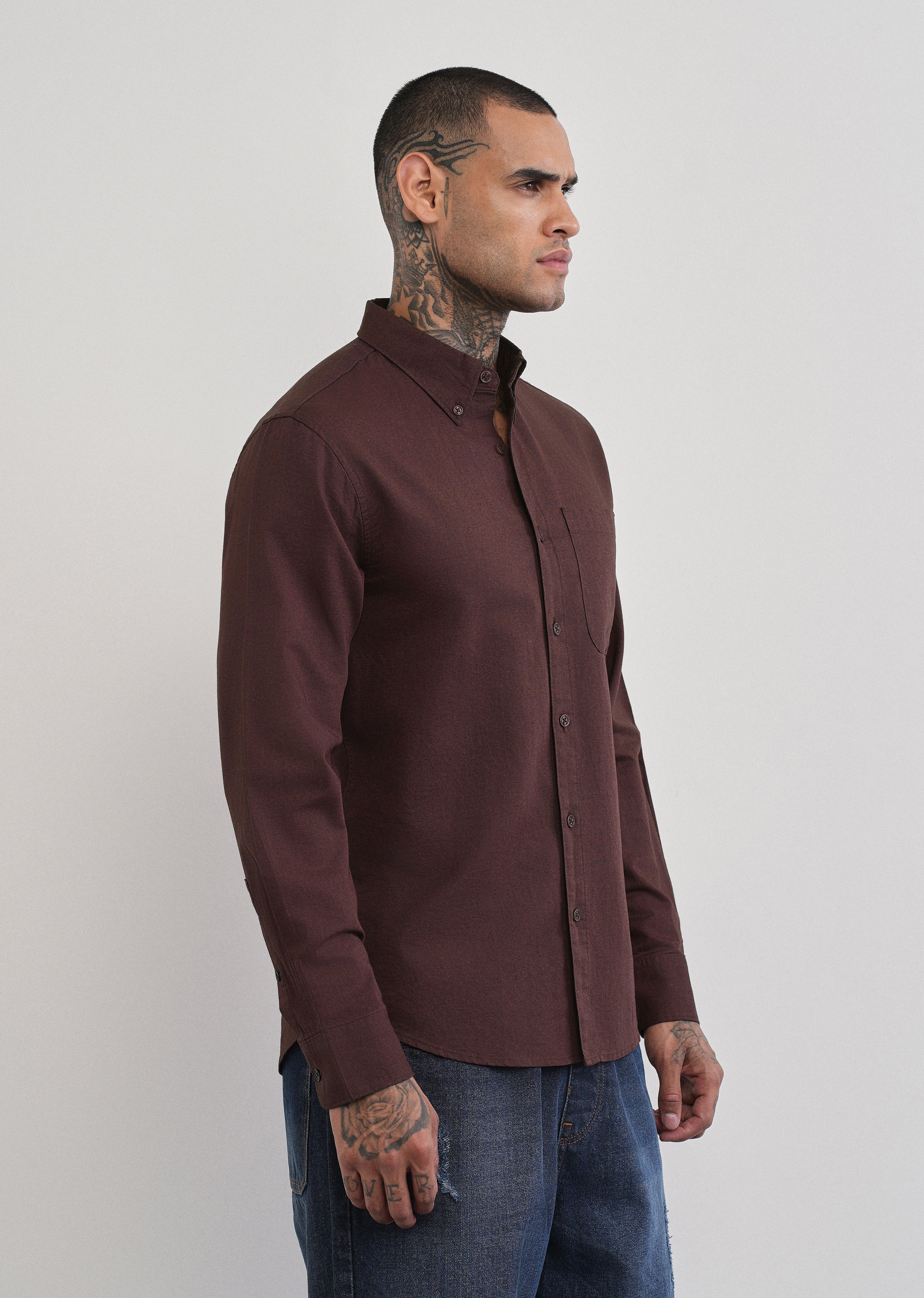 Coffee Brown Cotton Linen Plain Shirt