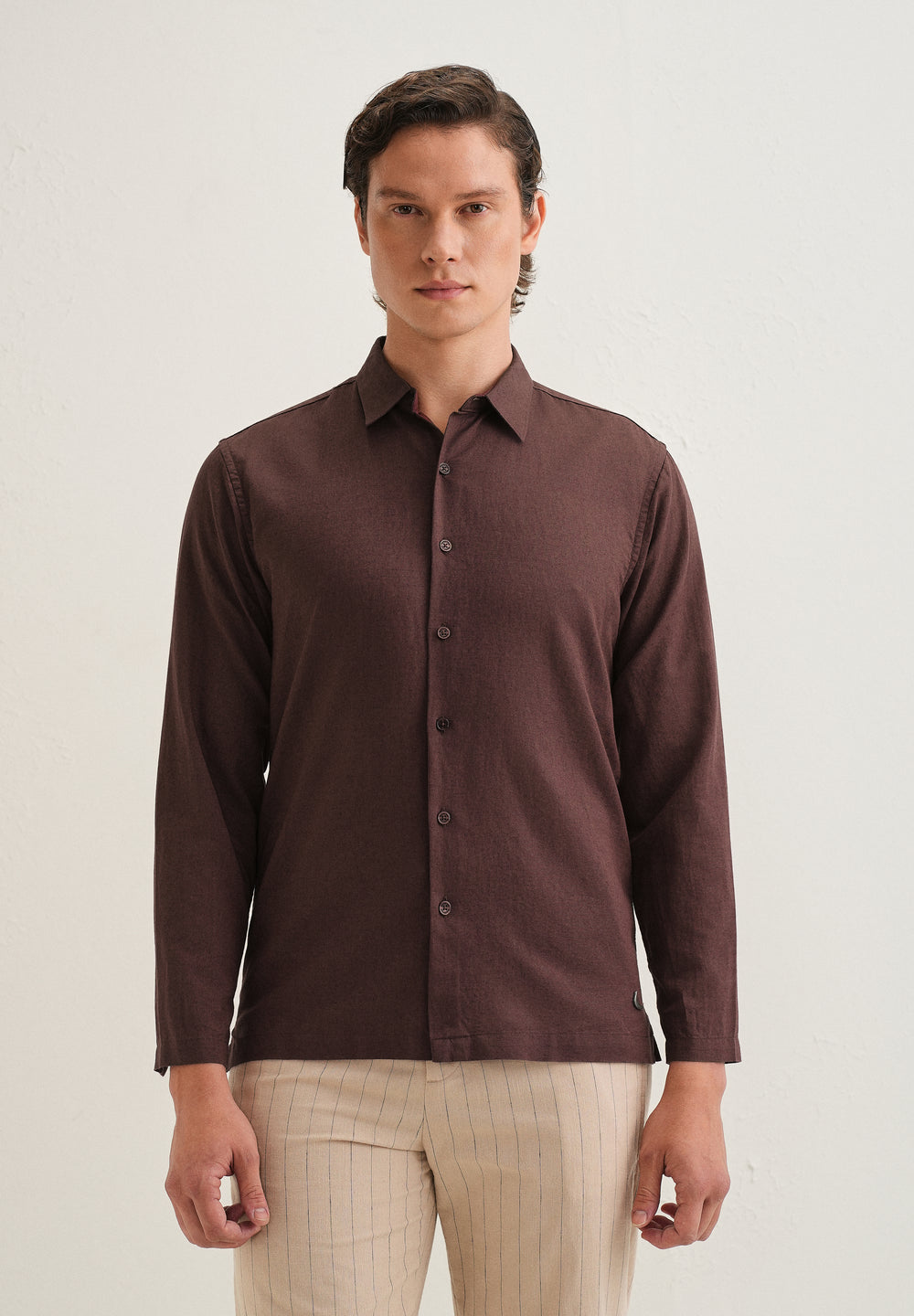 Coffee Brown Hidden Sleeve Placket Cotton Linen Shirt