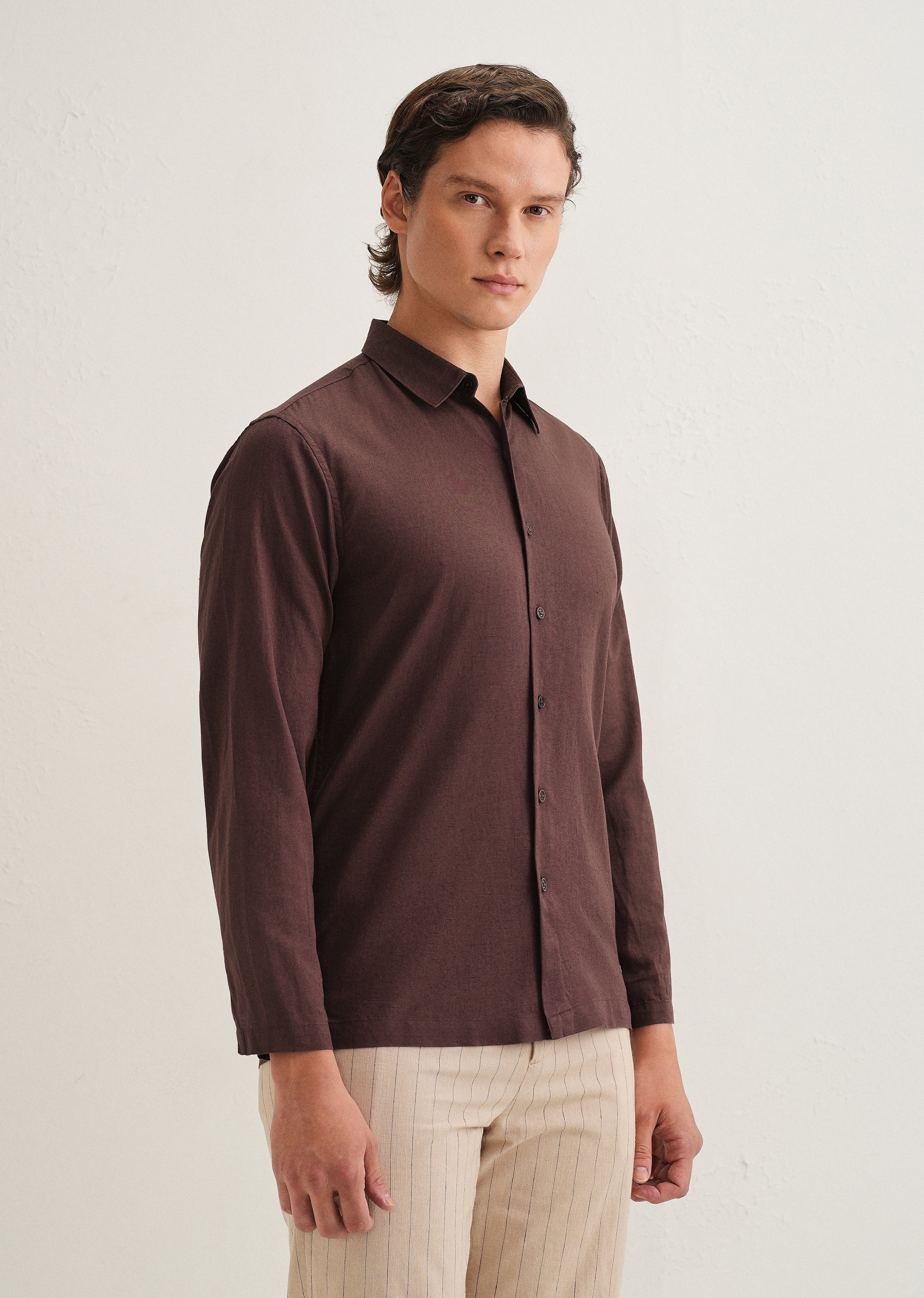 Coffee Brown Hidden Sleeve Placket Cotton Linen Shirt