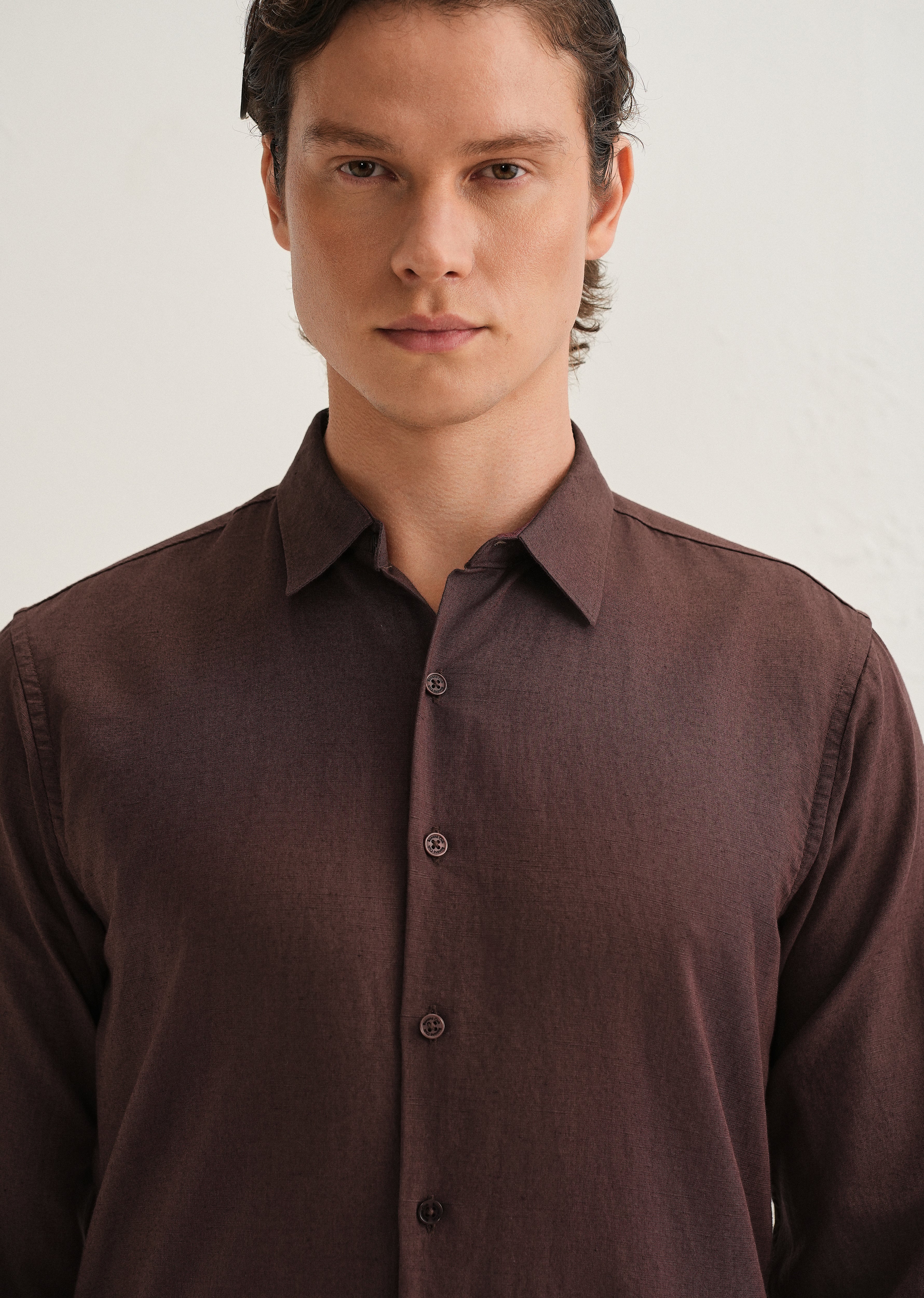 Coffee Brown Hidden Sleeve Placket Cotton Linen Shirt
