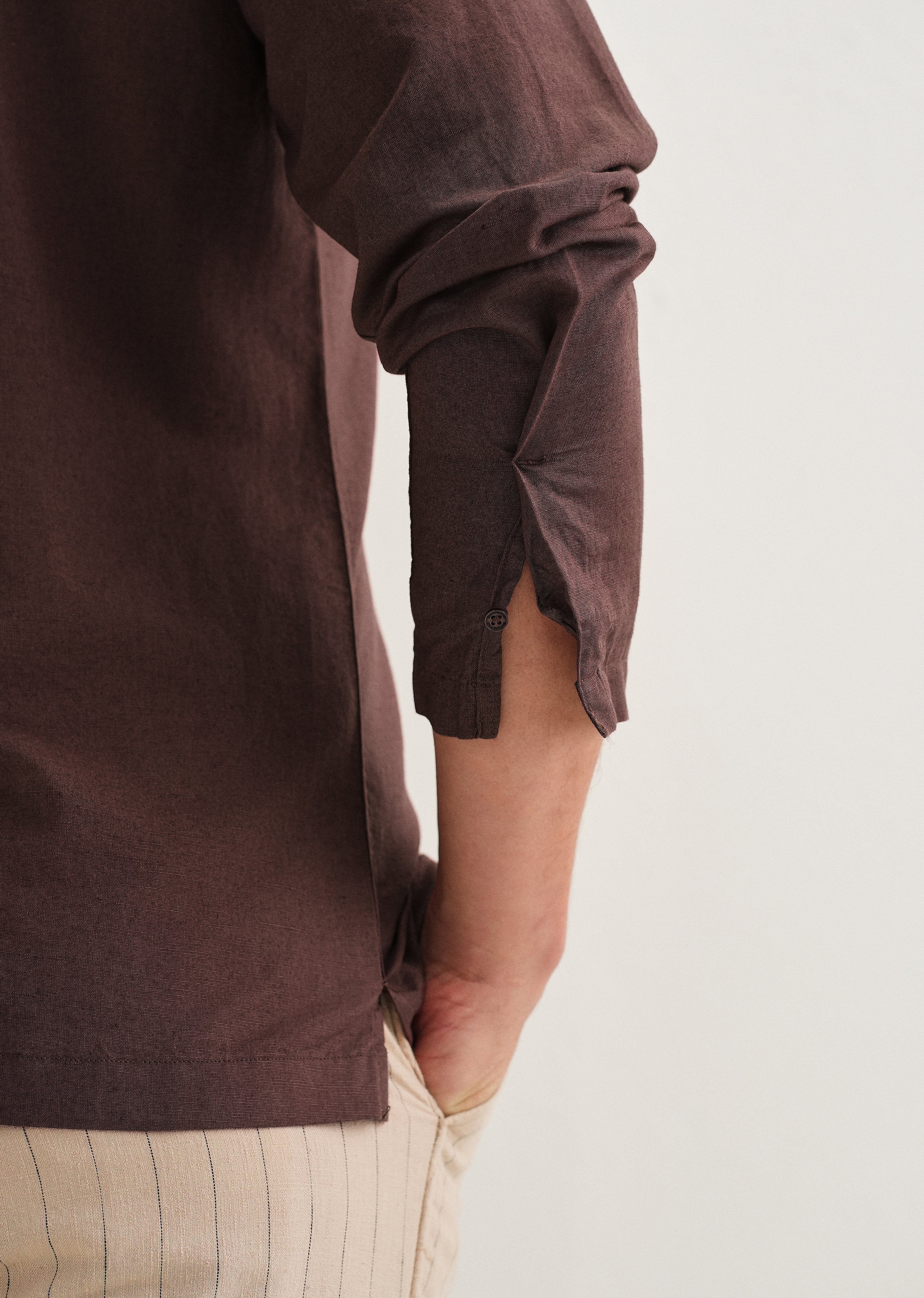 Coffee Brown Hidden Sleeve Placket Cotton Linen Shirt