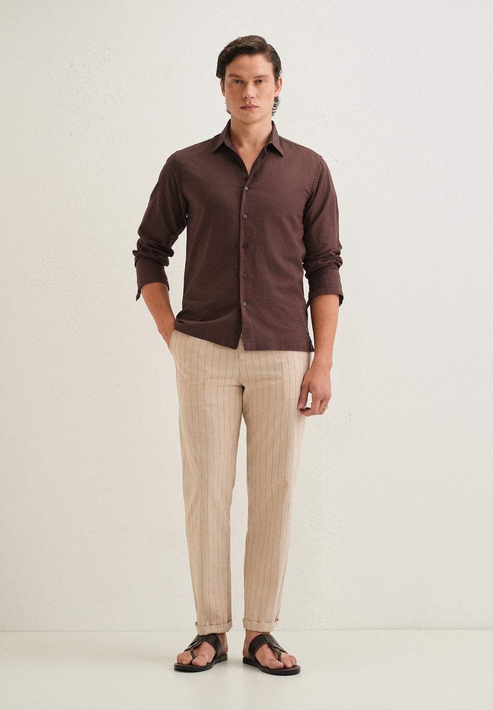Coffee Brown Hidden Sleeve Placket Cotton Linen Shirt
