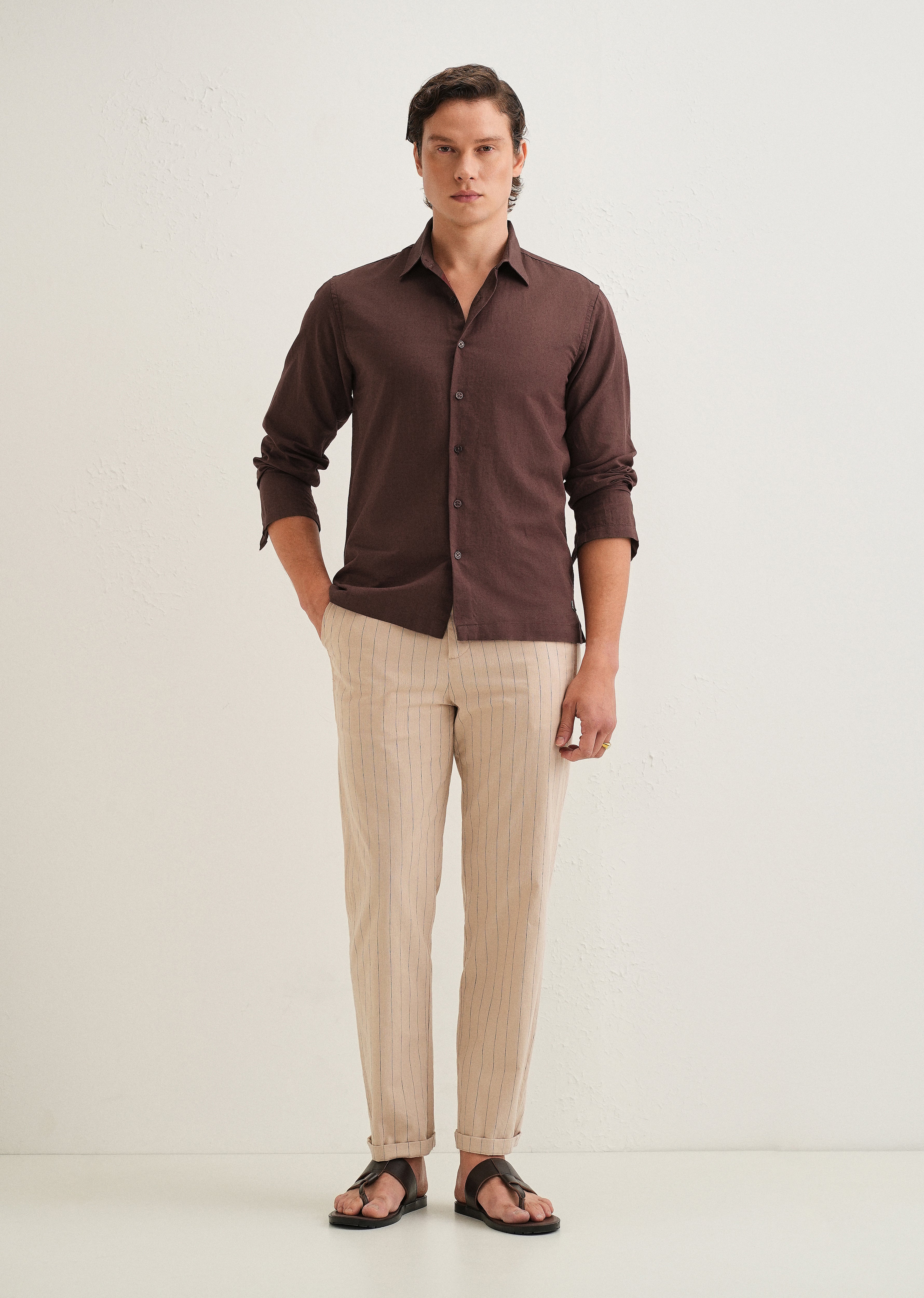 Coffee Brown Hidden Sleeve Placket Cotton Linen Shirt