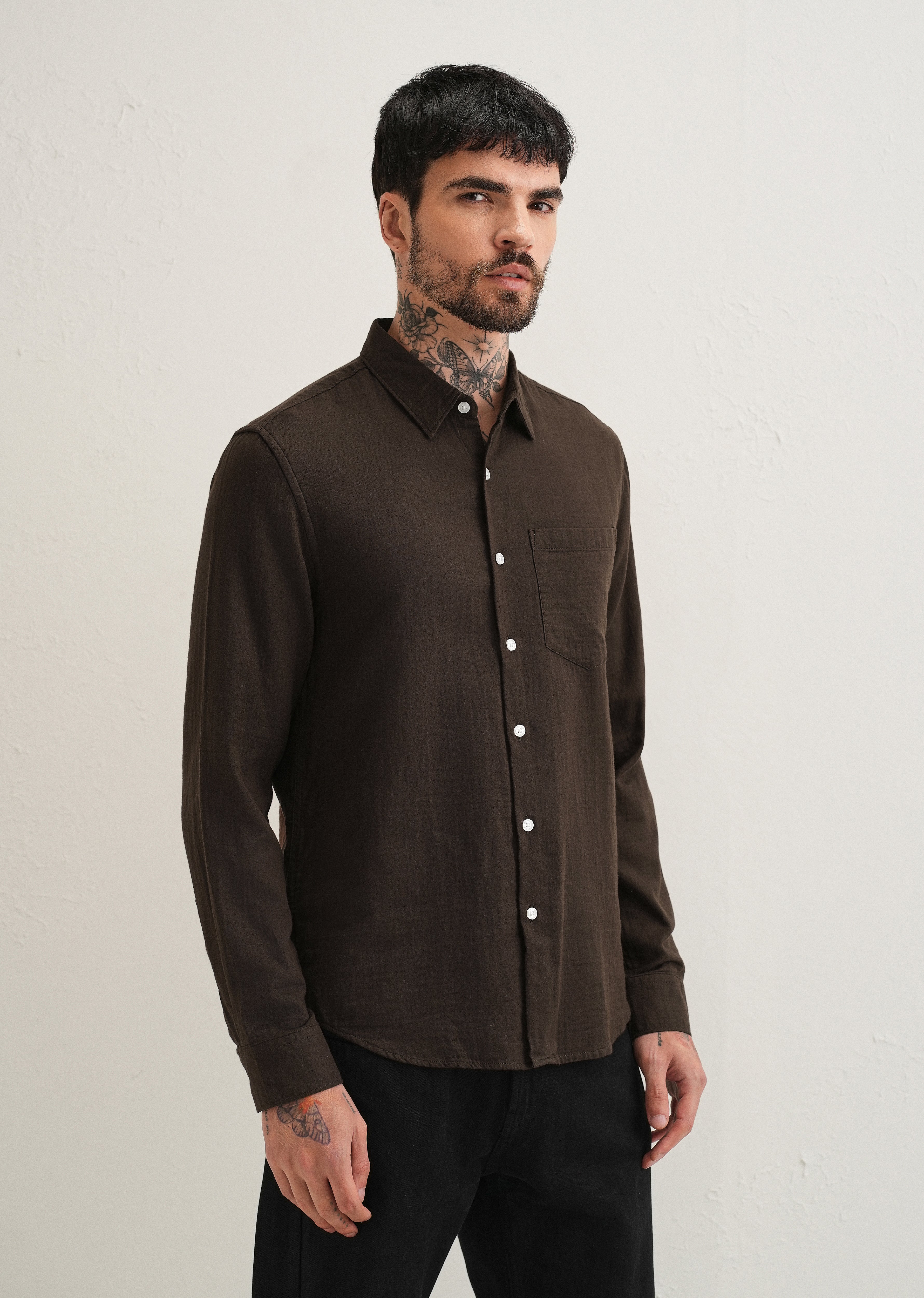 Coffee Brown Pure Cotton Stitchless Placket Shirt