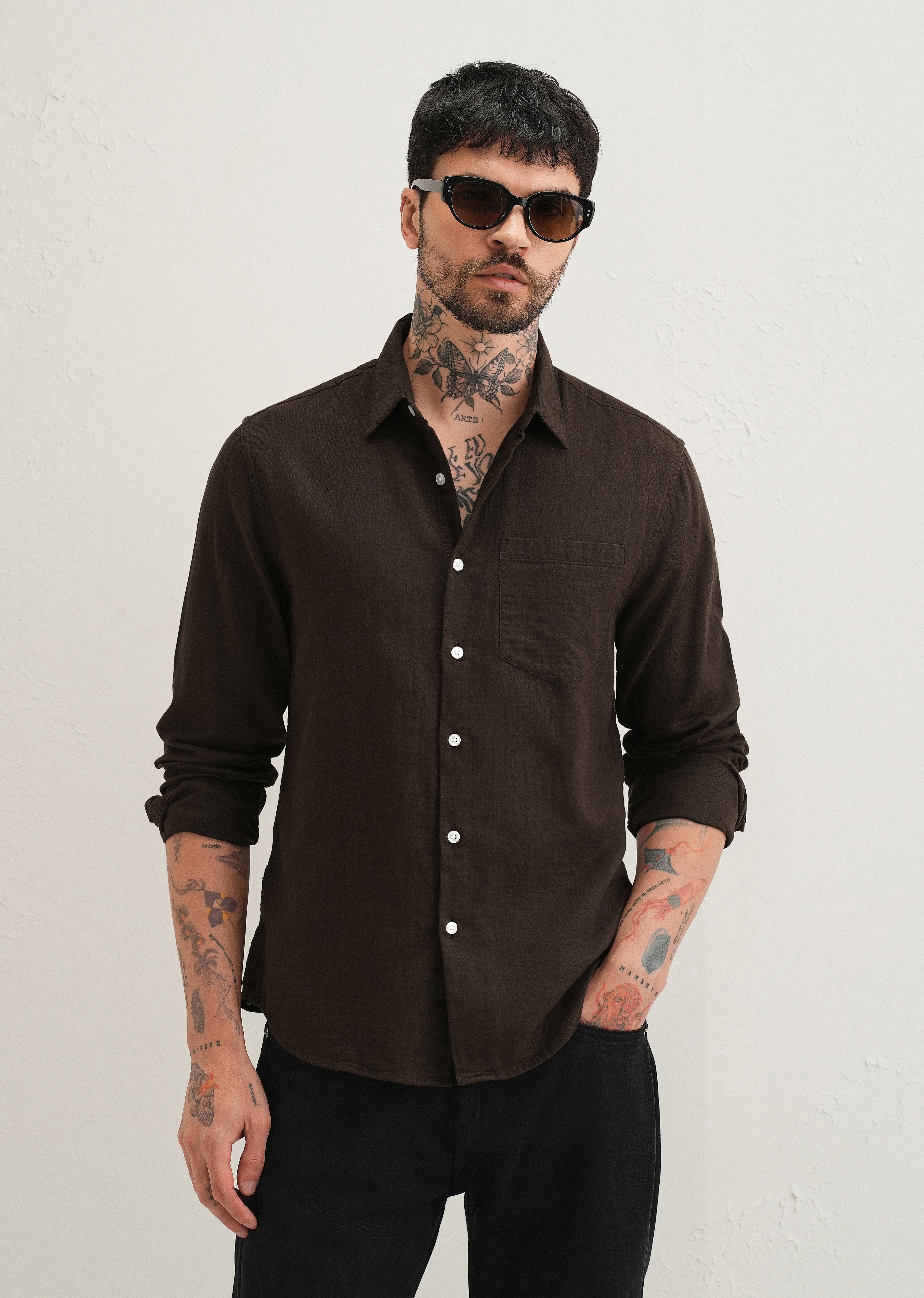 Coffee Brown Pure Cotton Stitchless Placket Shirt