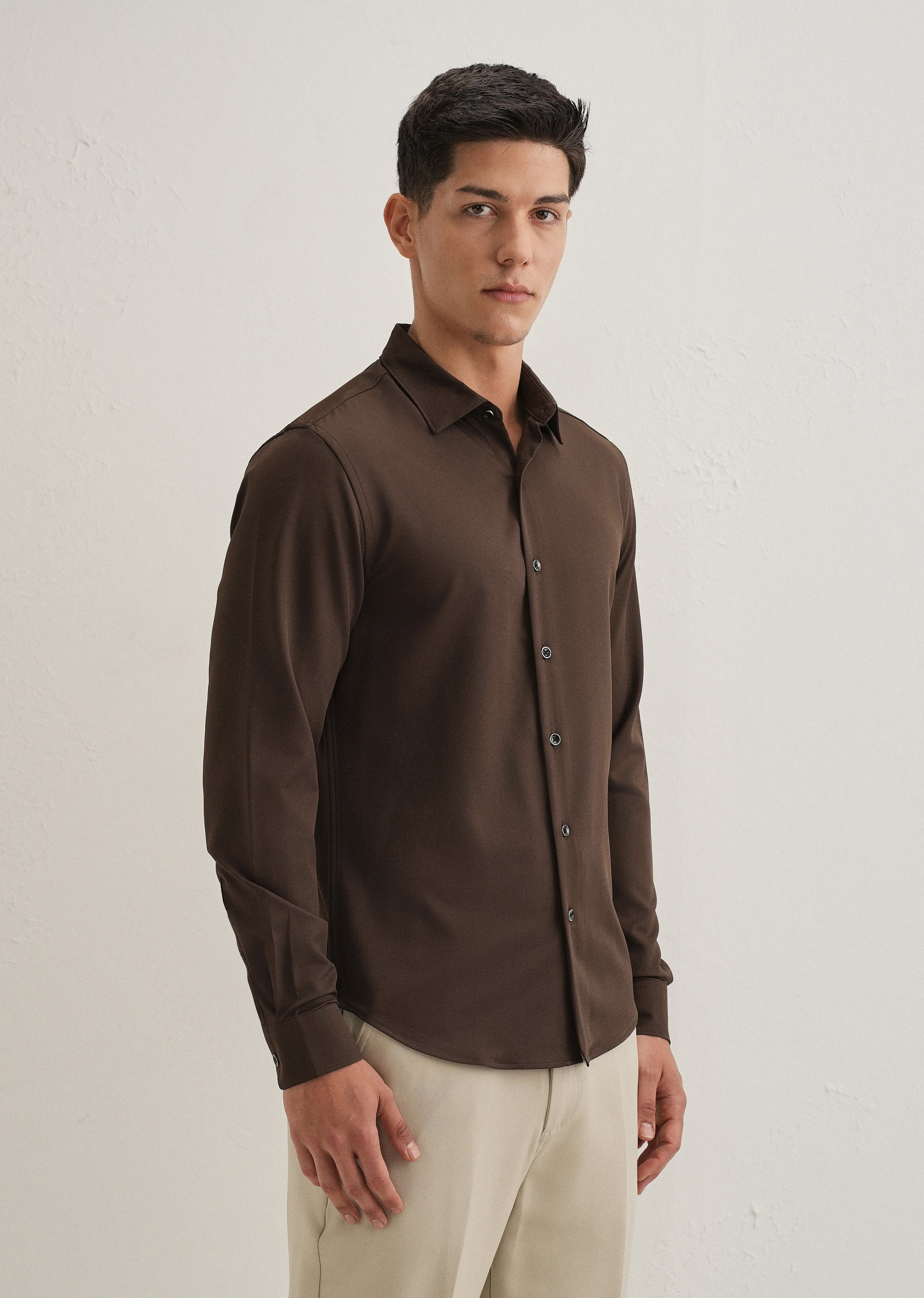 Coffee Brown Wrinkle Free Stitchless Placket Shirt