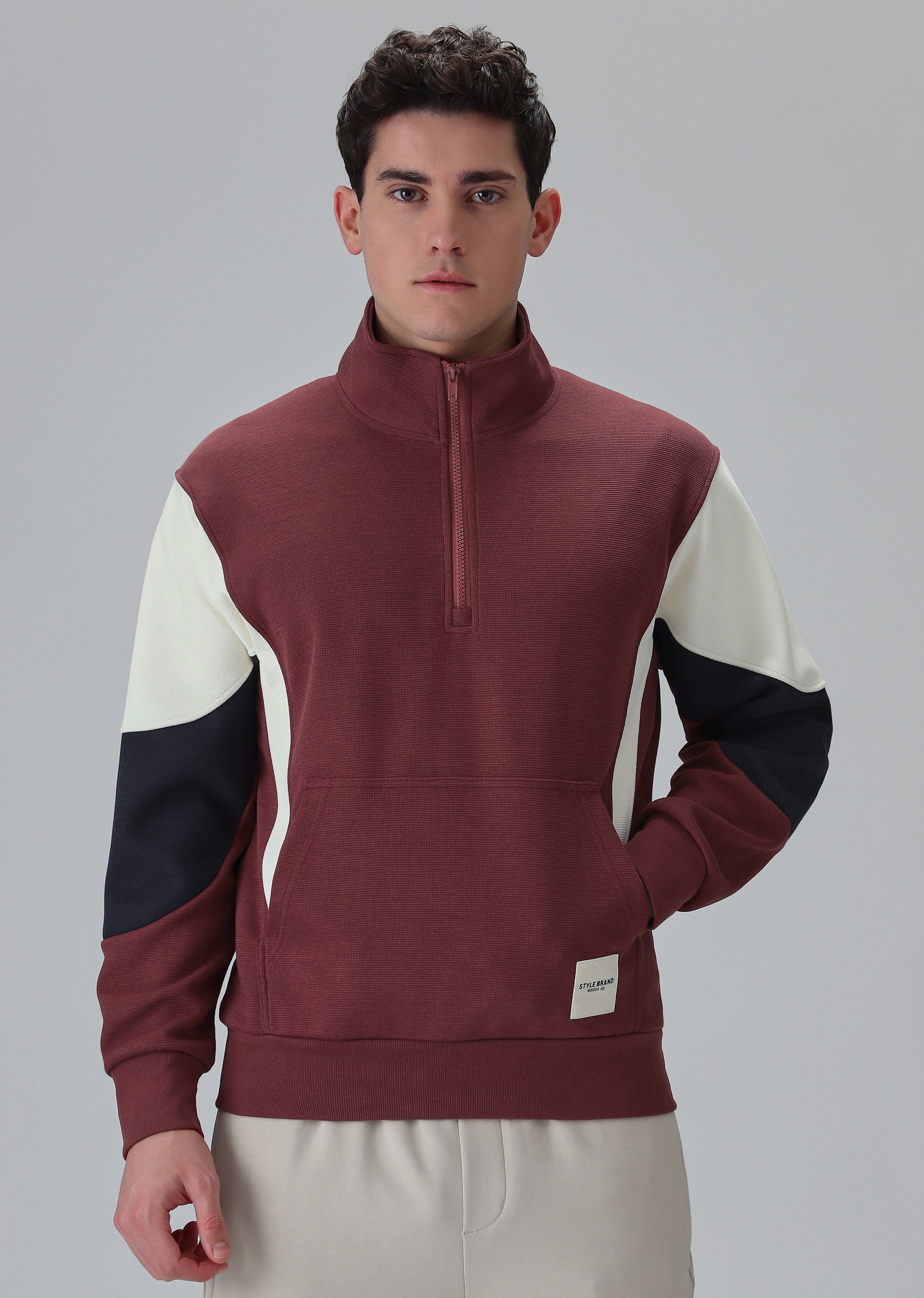 Colour Block Zip Maroon Sweatshirt