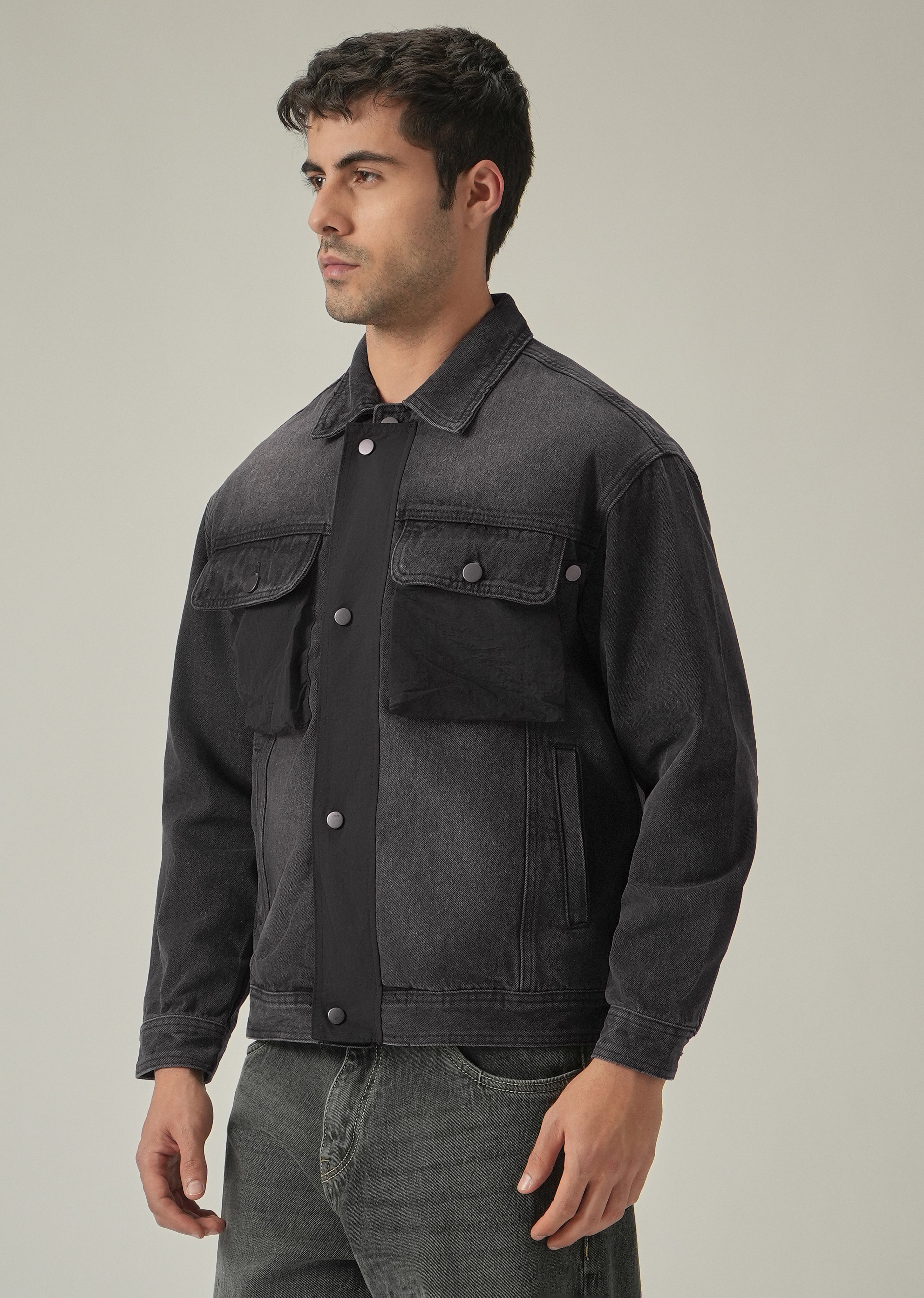 Balck Contrast Pocket Denim Jacket