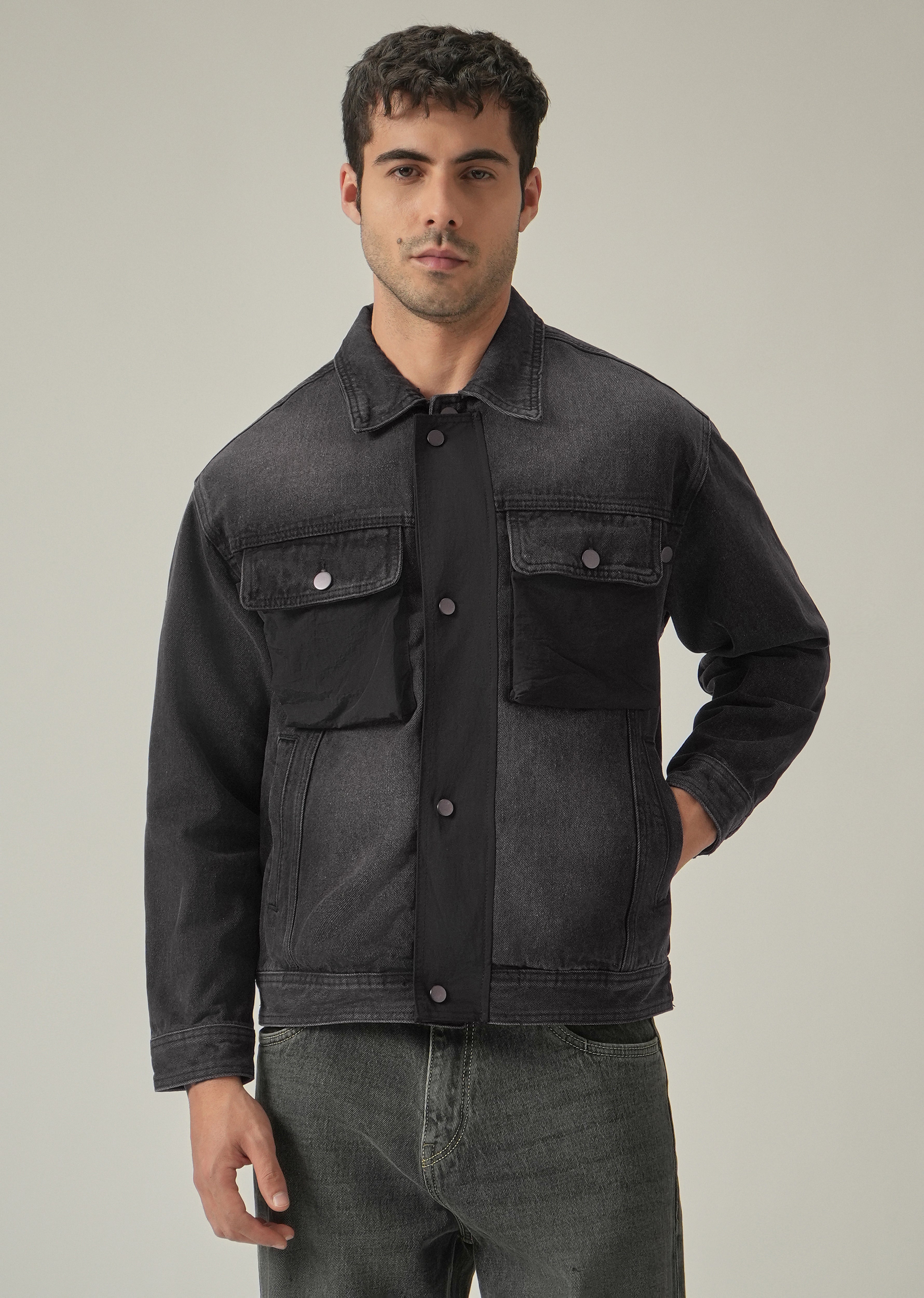 Balck Contrast Pocket Denim Jacket