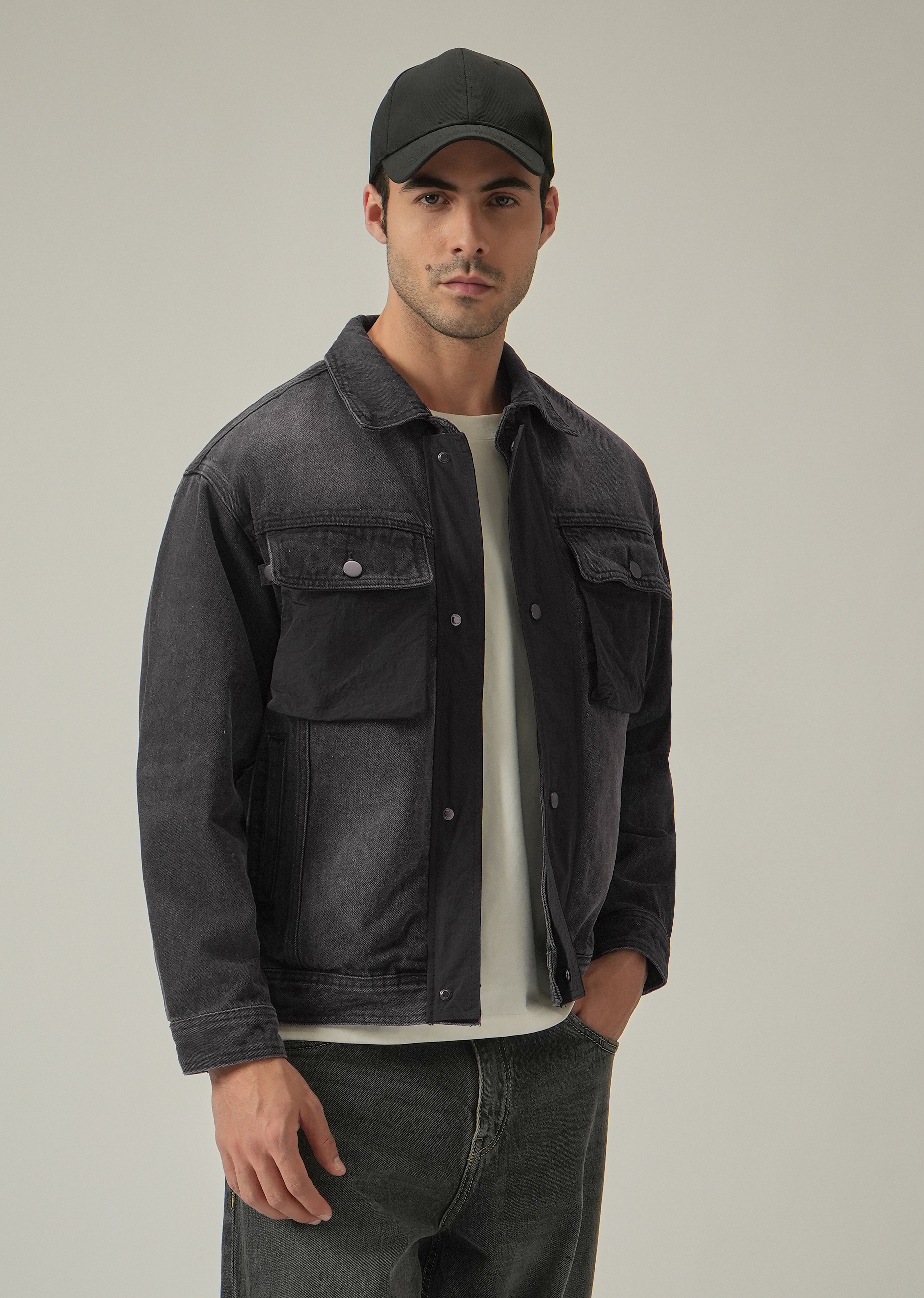 Balck Contrast Pocket Denim Jacket