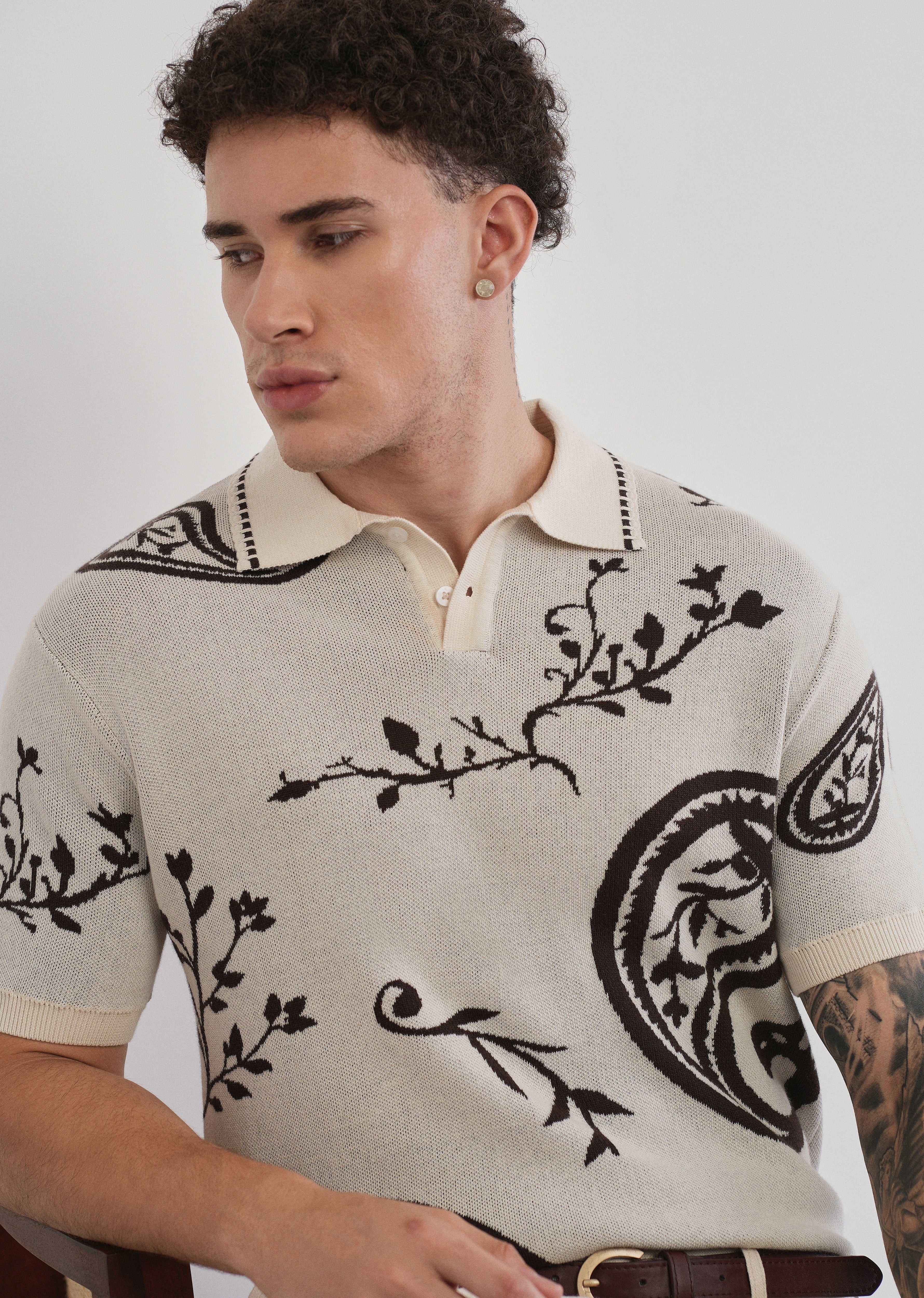 Cotton Brown Paisley Knitted Polo