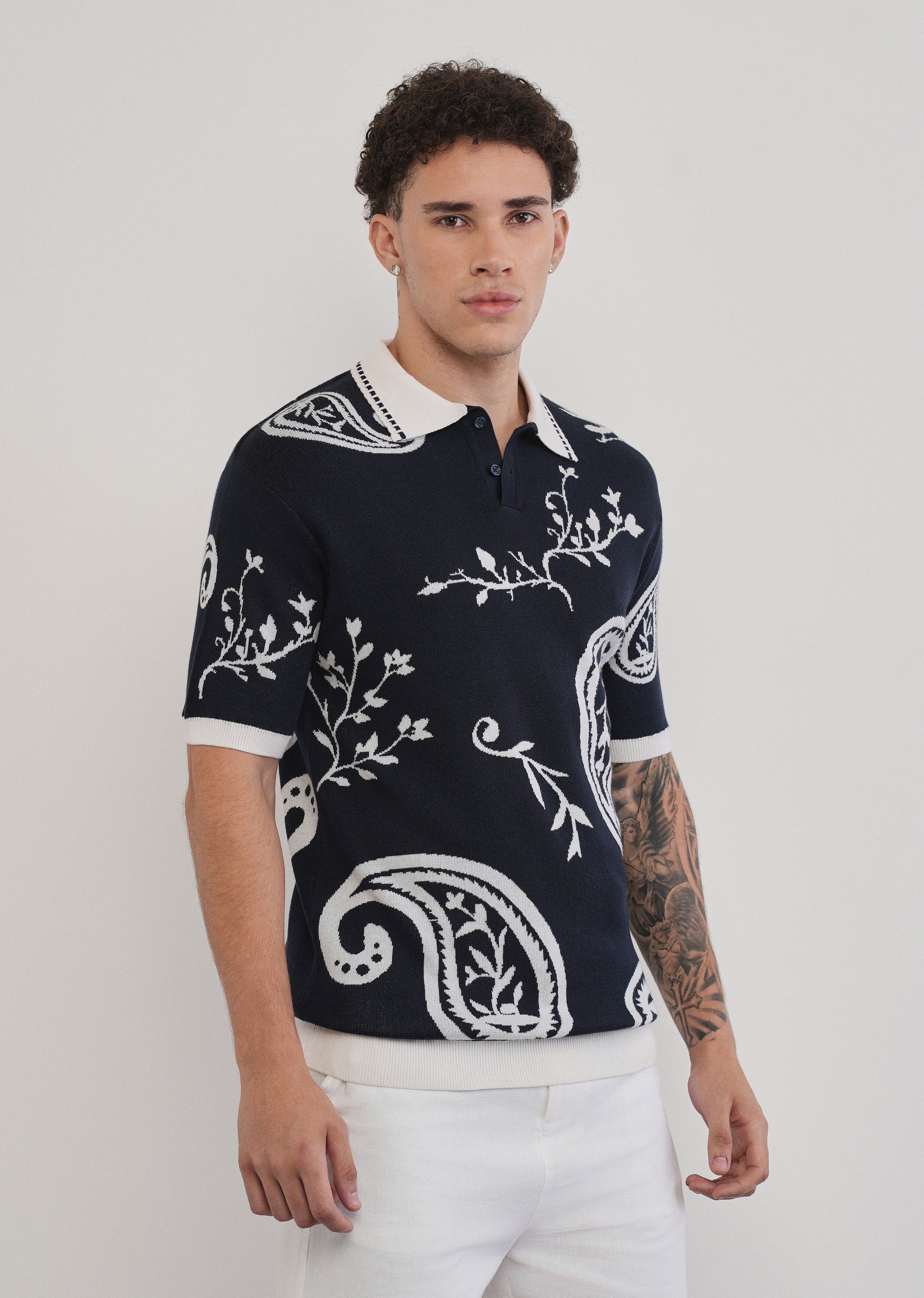 Cotton Navy Paisley Knitted Polo