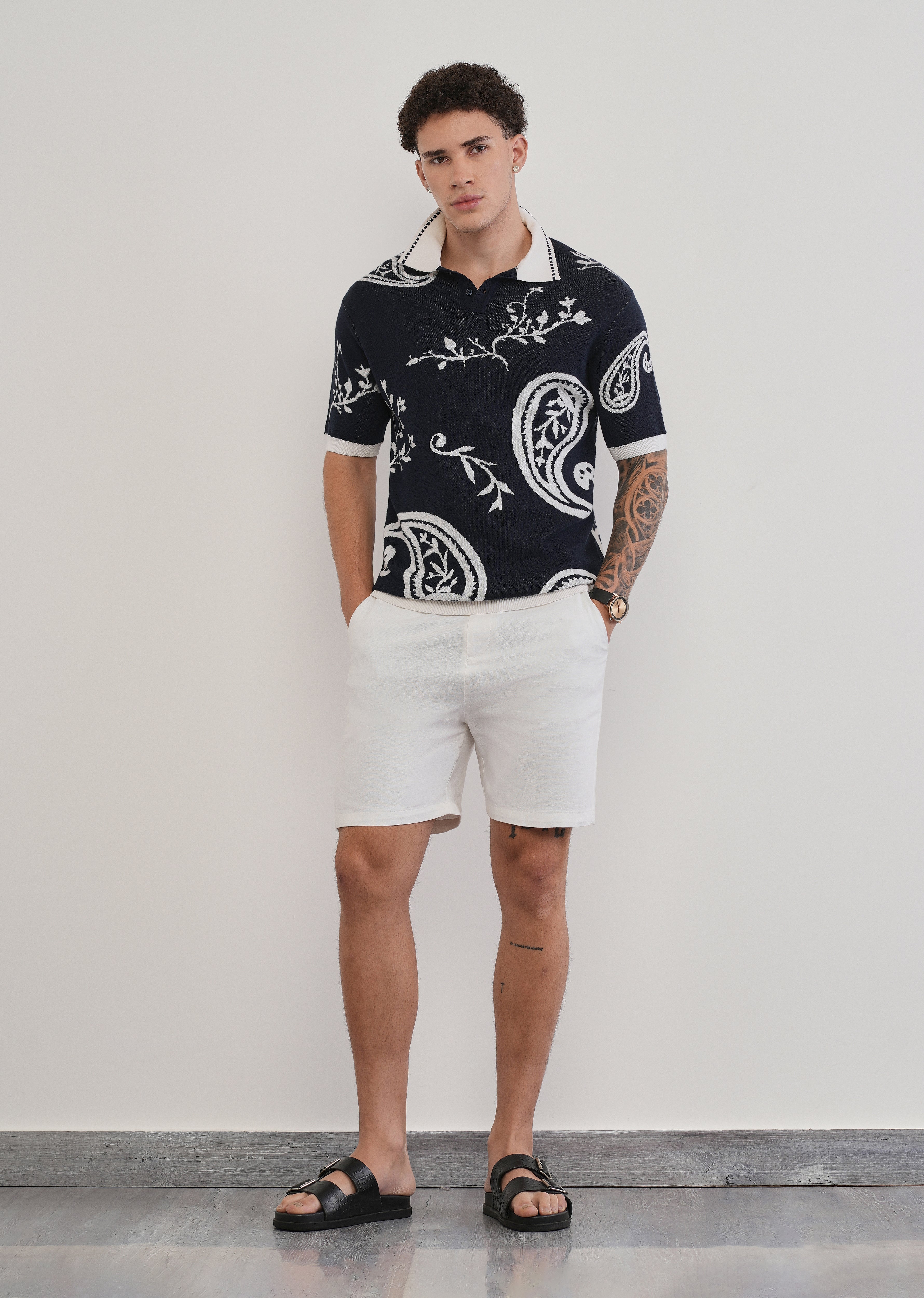 Cotton Navy Paisley Knitted Polo