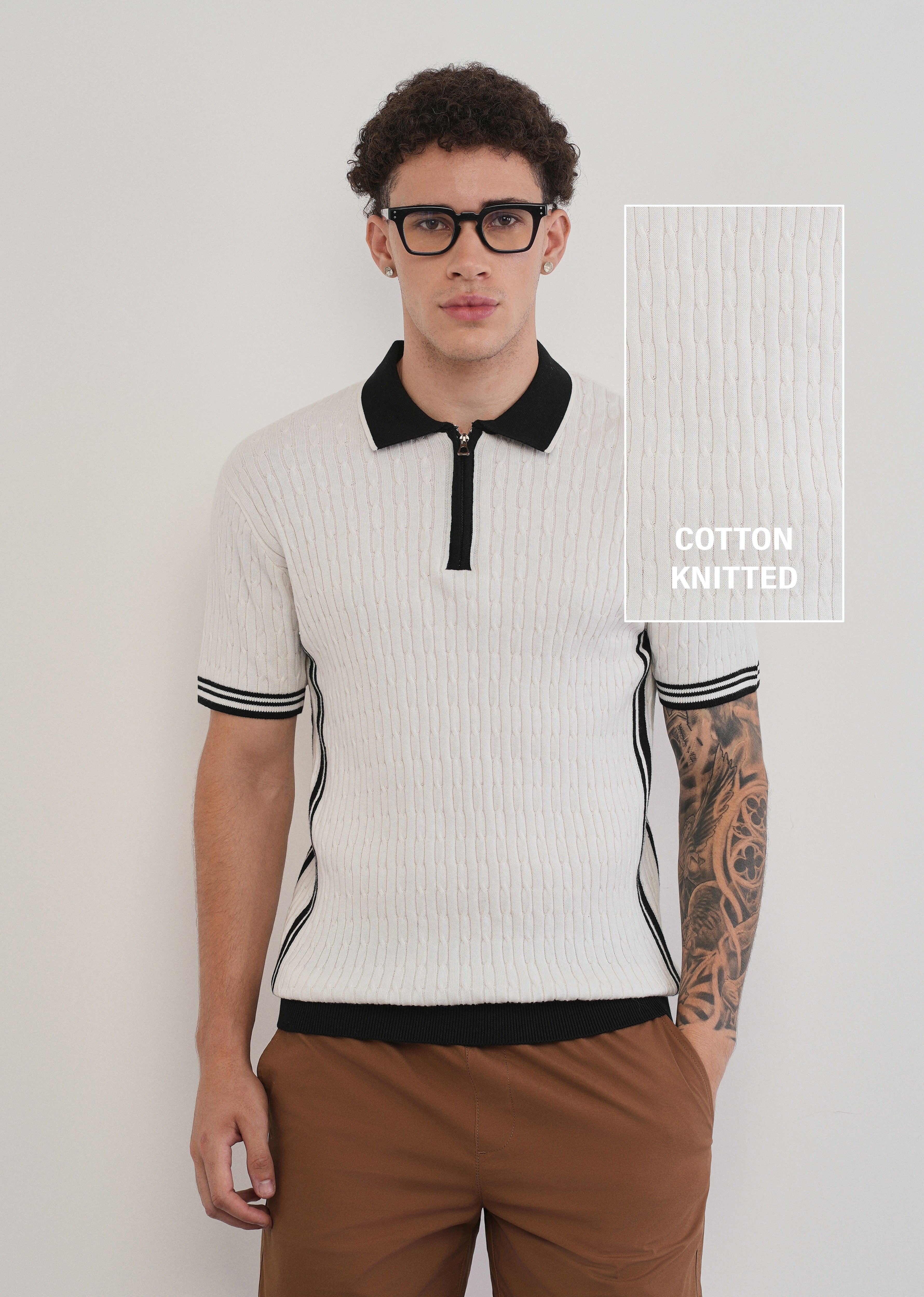Cotton Quarter Zipper Cable Knitted Polo