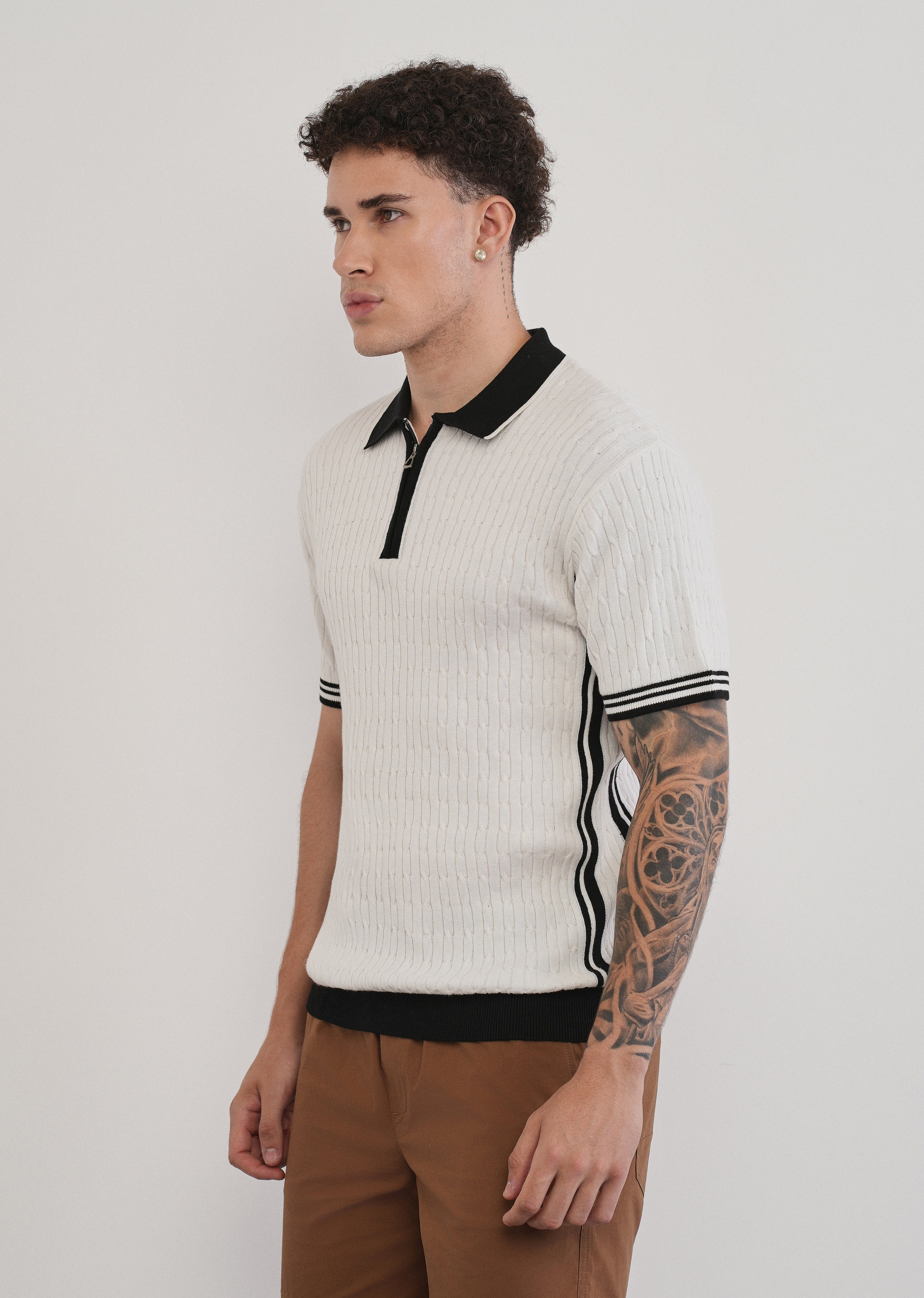Cotton Quarter Zipper Cable Knitted Polo