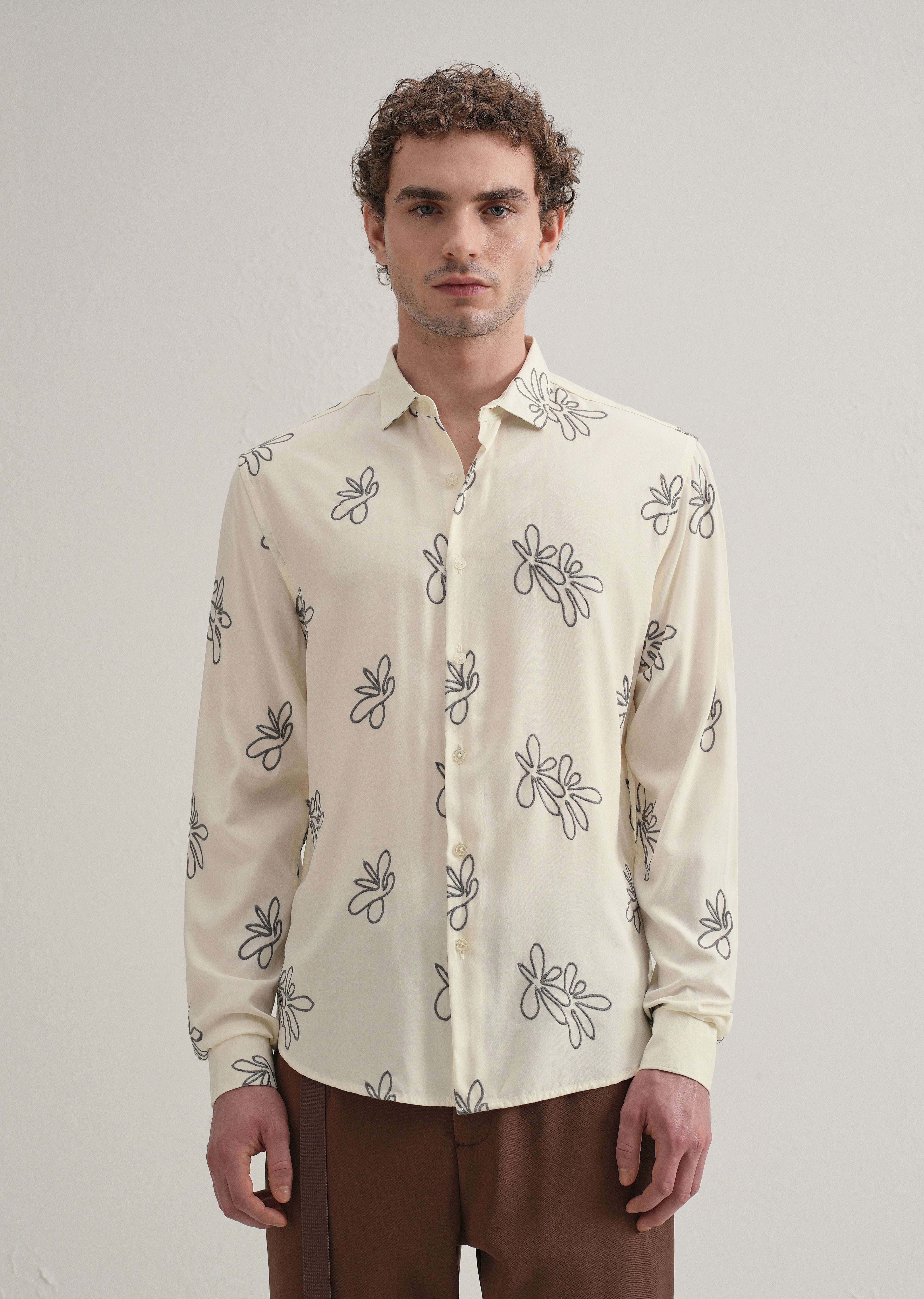 Cream Abstract Floral Embroidery Shirt