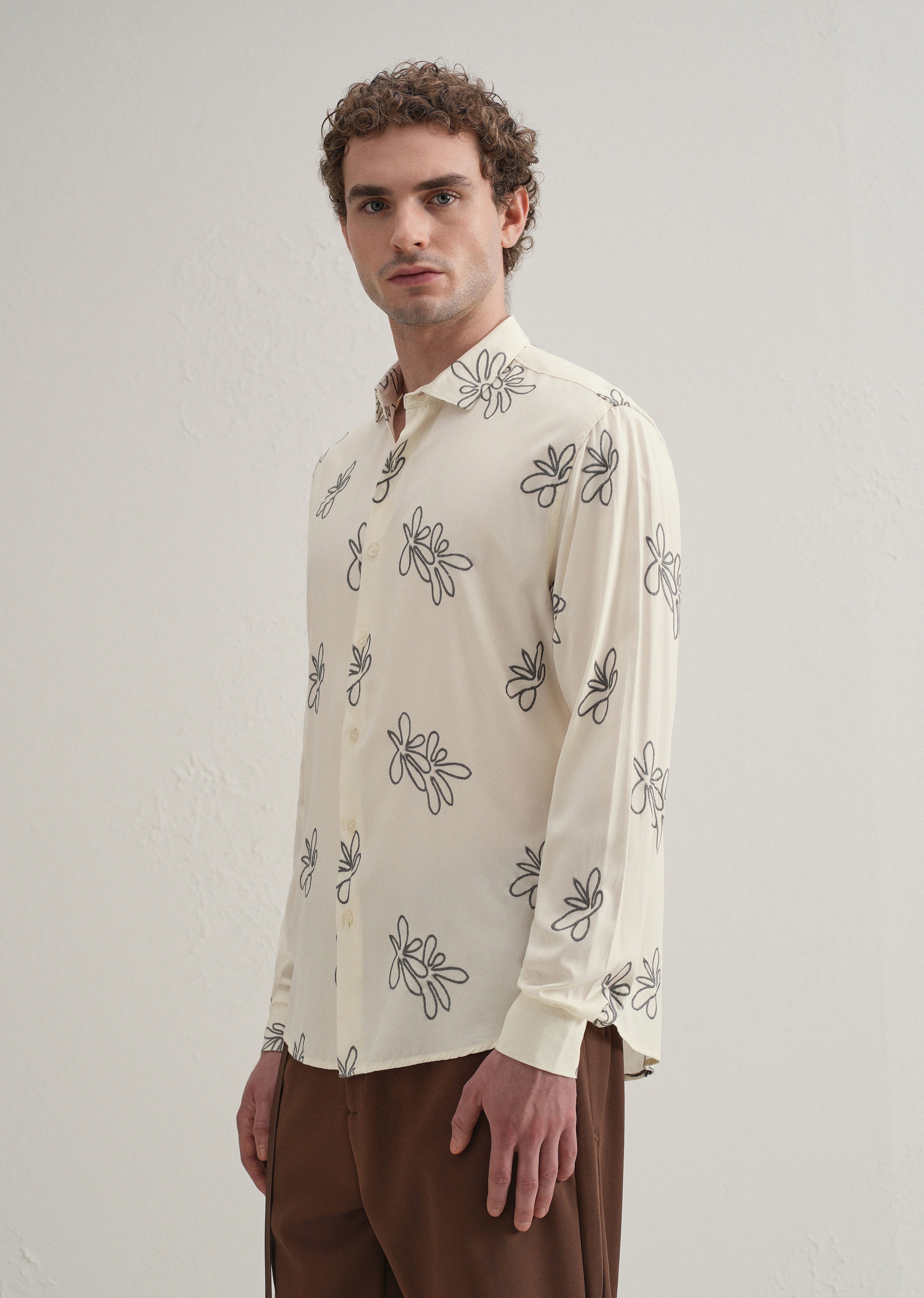 Cream Abstract Floral Embroidery Shirt