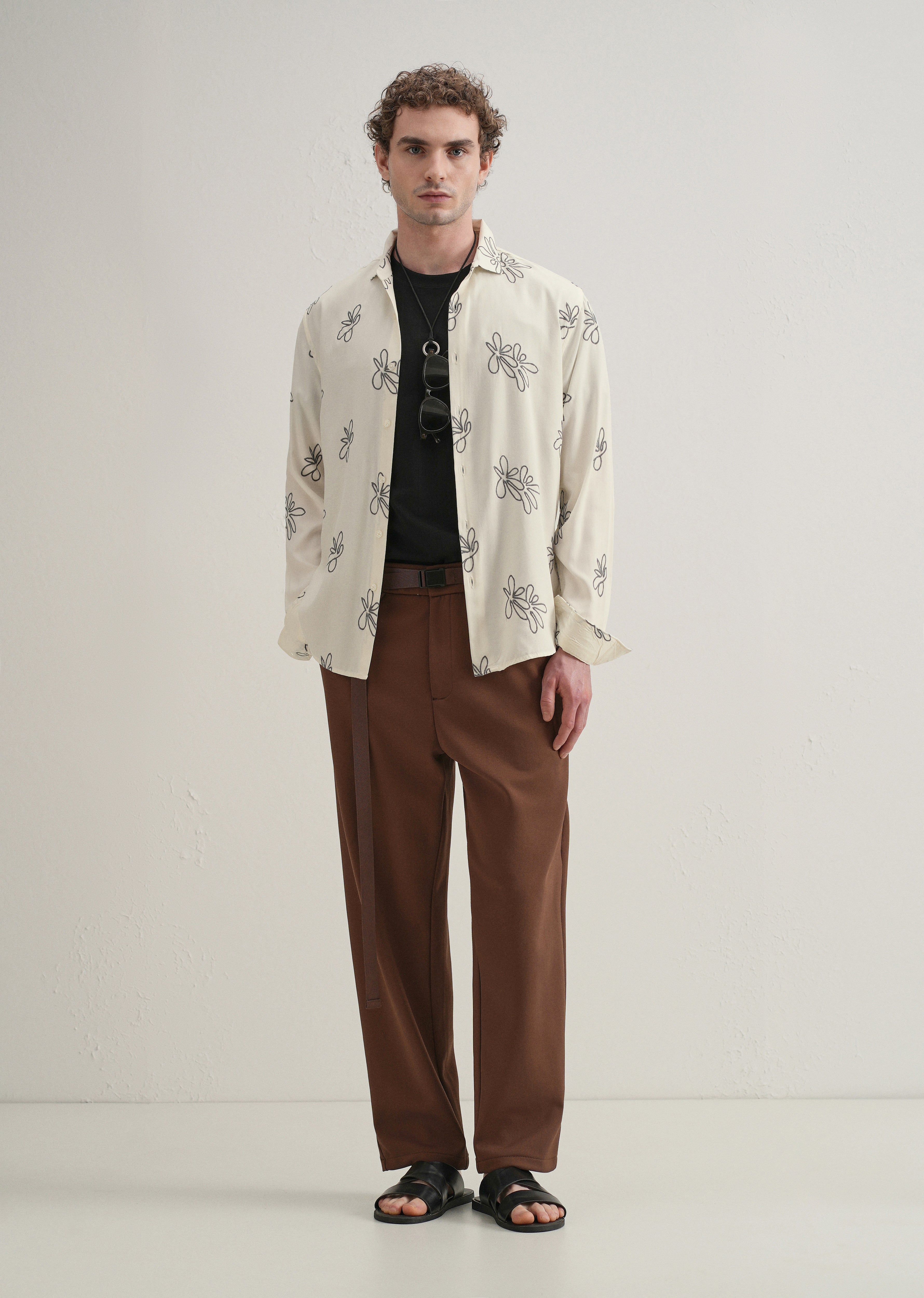 Cream Abstract Floral Embroidery Shirt