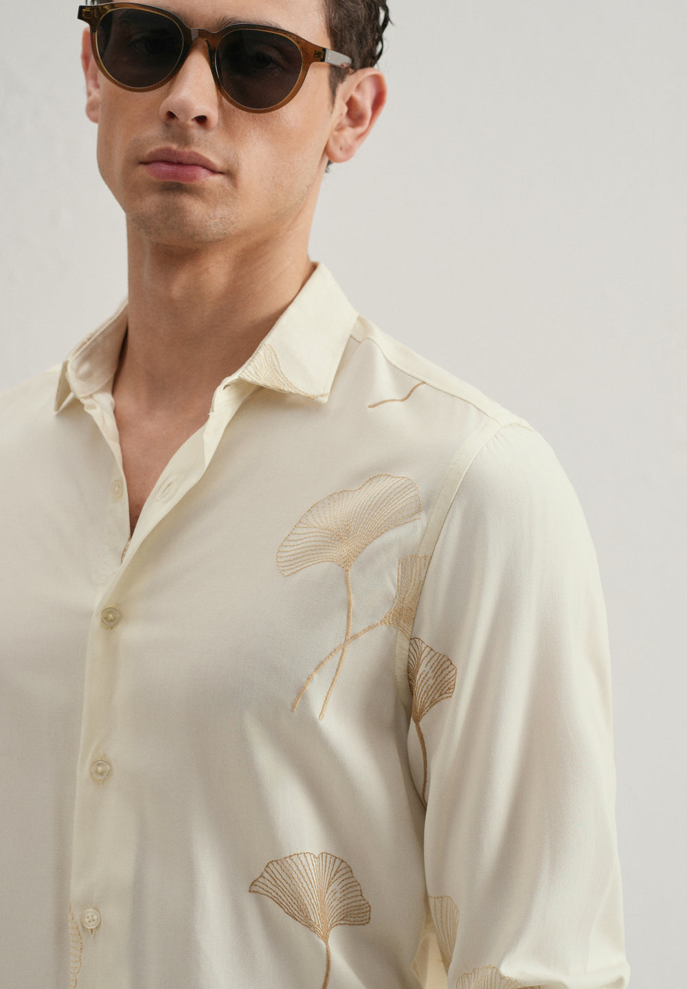 Cream Abstract Leaf Embroidery Shirt