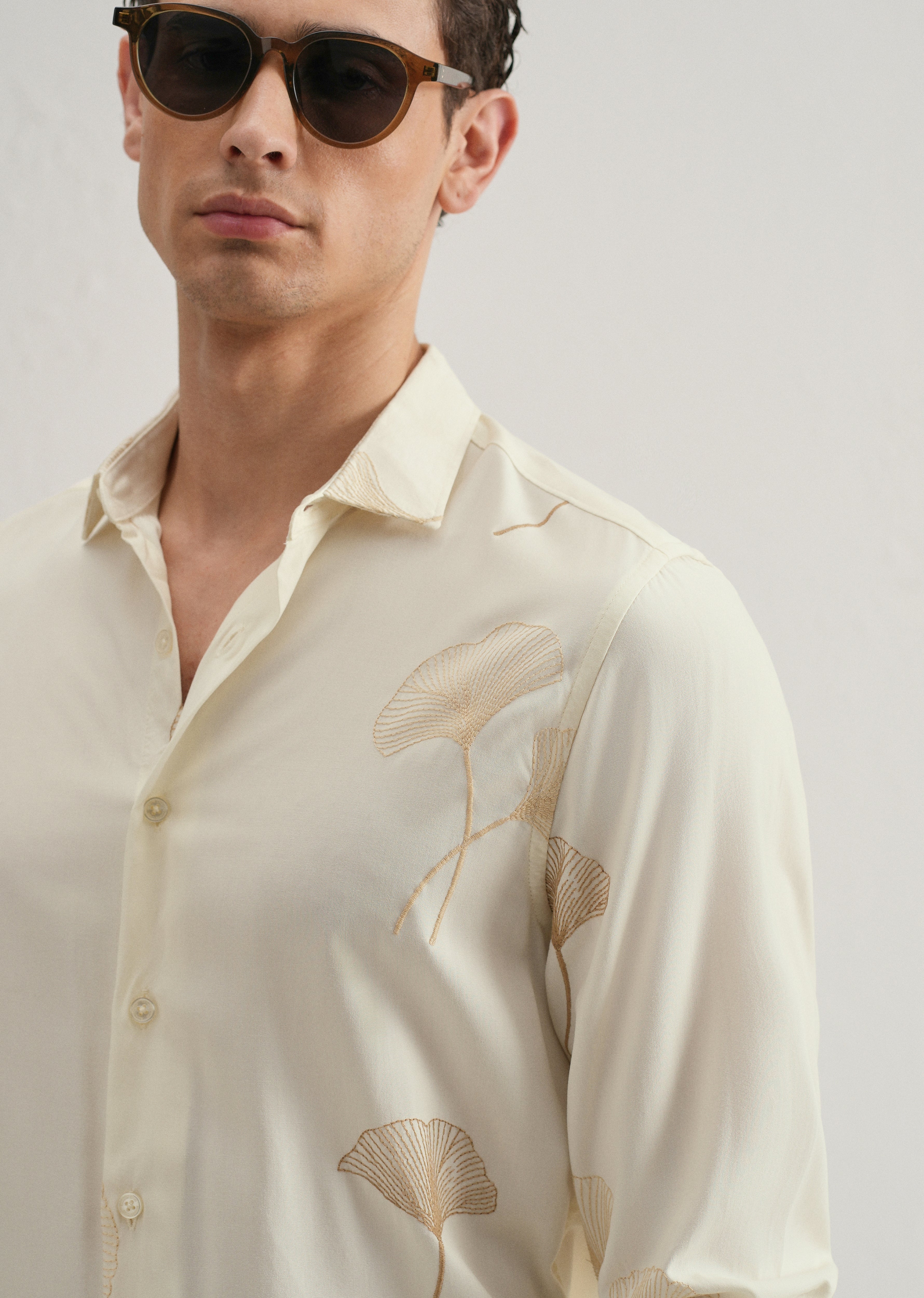 Cream Abstract Leaf Embroidery Shirt